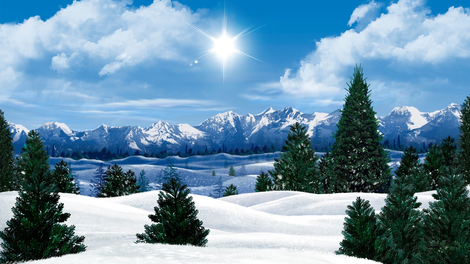 Paesaggio invernale, Neve, Abeti, Montagne, Sole, Full HD, sfondo per PC e portatile