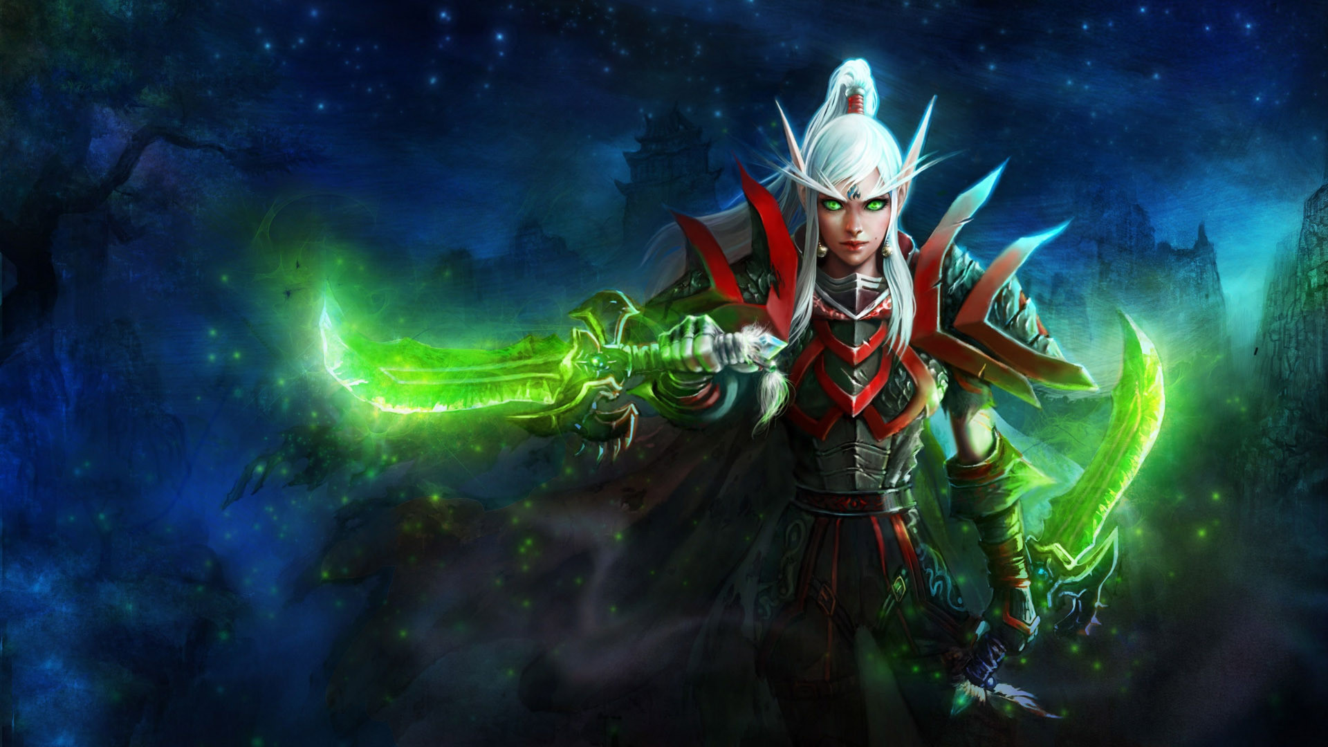 World of Warcraft, Elfa del sangue, Cacciatrice di demoni, Lame verdi, Notte stellata, immagine di sfondo