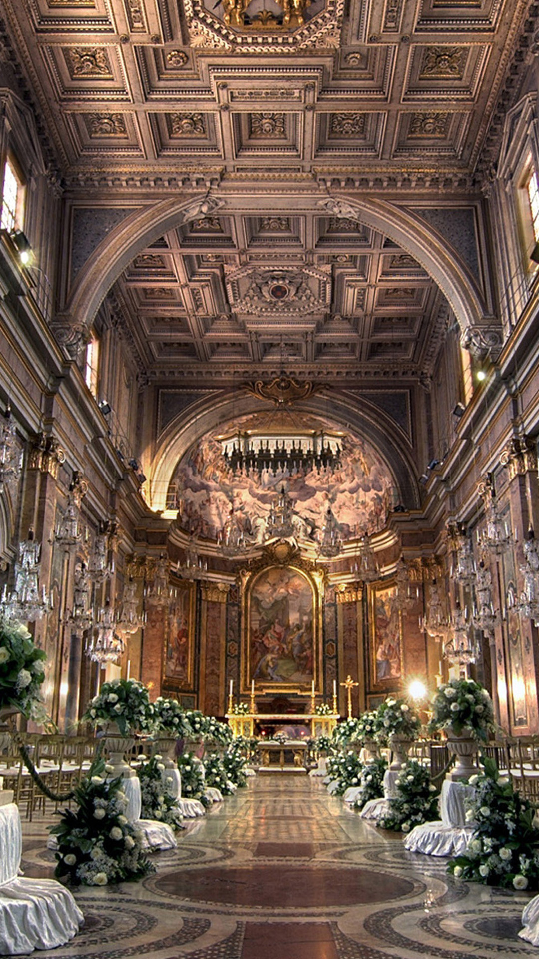 Interno di chiesa, Soffitto a cassettoni, Navata, Barocco, Full HD, sfondo per smartphone
