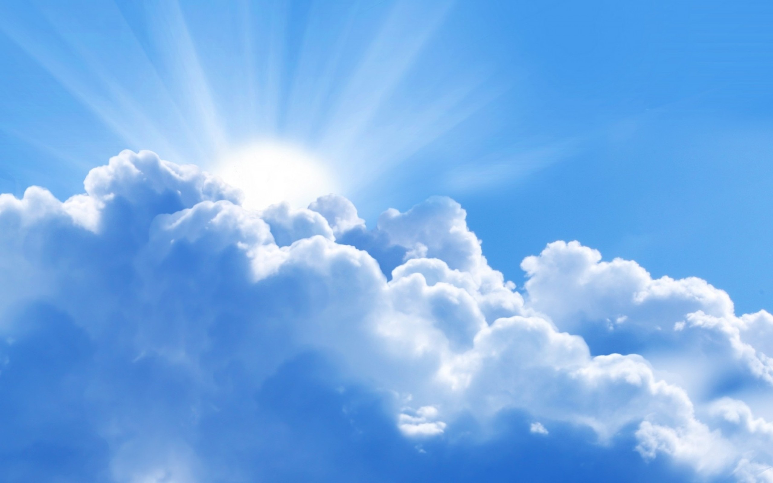 Sole, Nuvole bianche, Raggi di luce, 2K, wallpaper per portatile