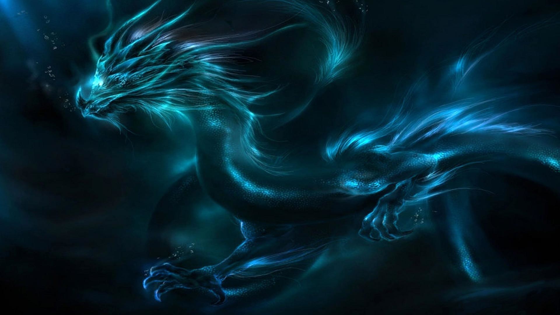 Drago, Arte frattale, Azzurro, Sfondo scuro, wallpaper per desktop