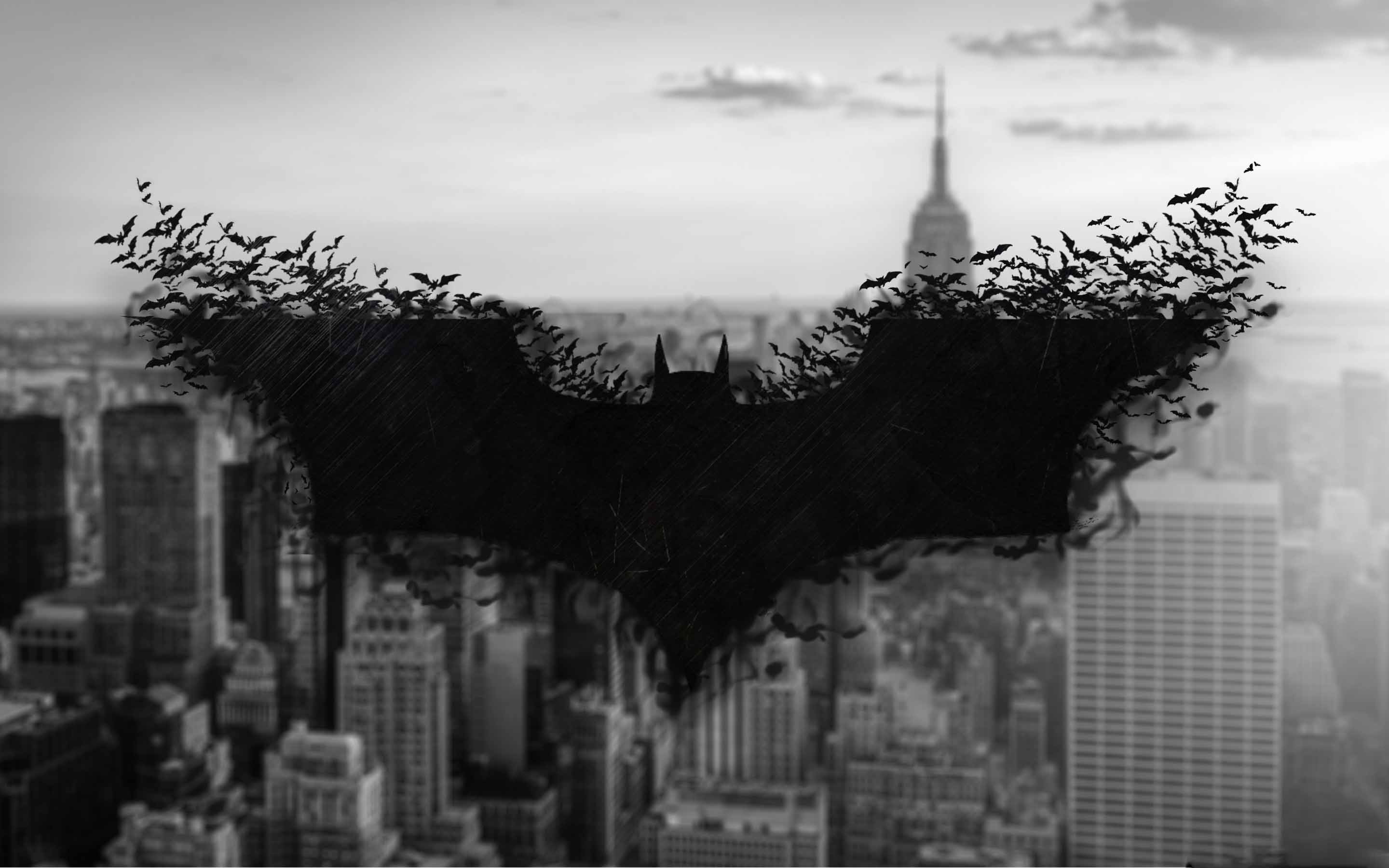 Simbolo di Batman, Il cavaliere oscuro, Pipistrelli, New York, Empire State Building, Bianco e nero, sfondo per PC