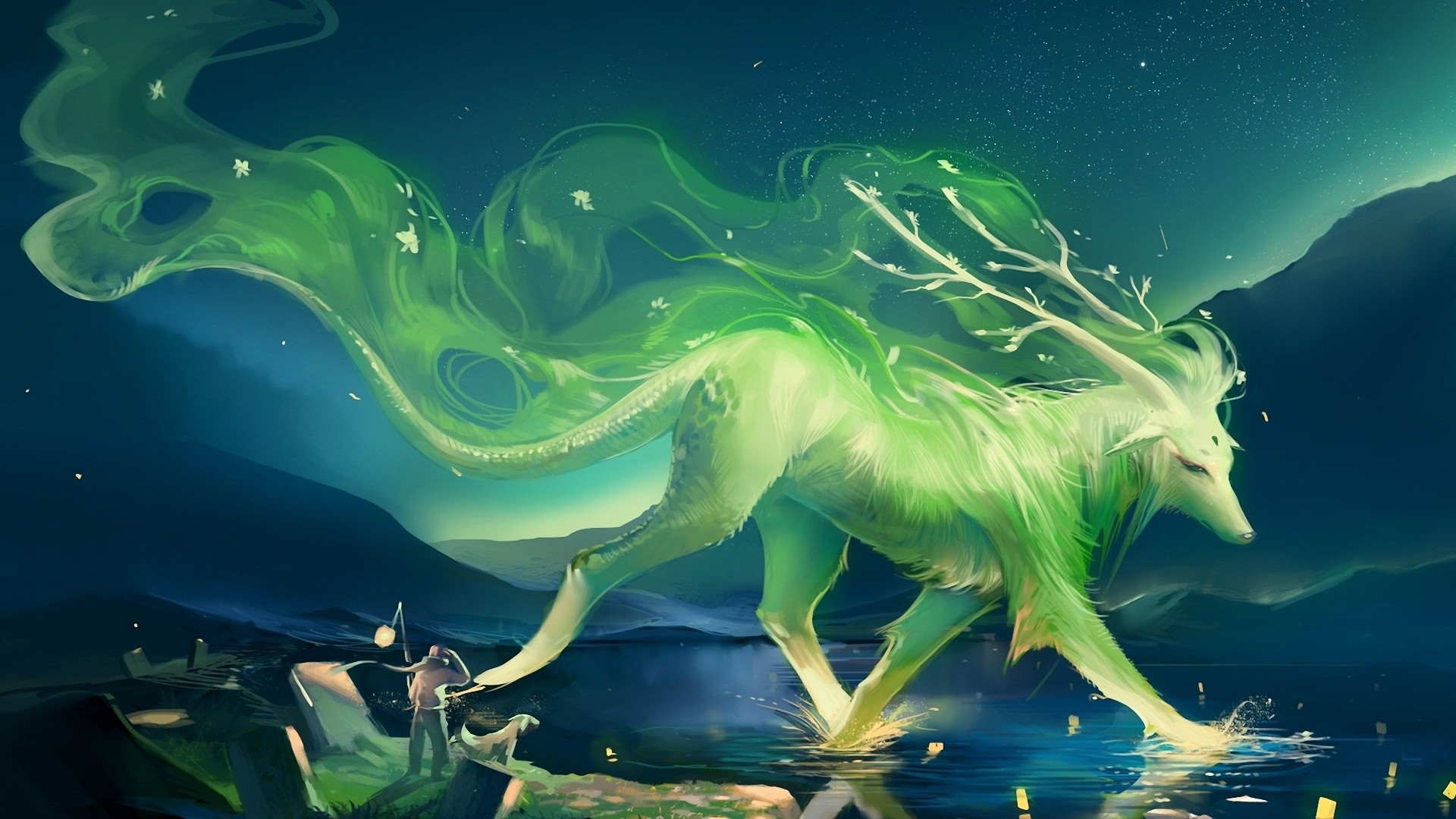 Lupo spirituale, Fantasy, Luce verde, Notte, Full HD, wallpaper per PC