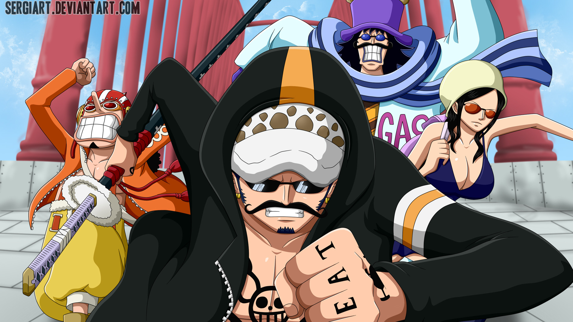 Trafalgar Law, Usopp, Nico Robin, One Piece, Dressrosa, 1920x1080, sfondo per PC