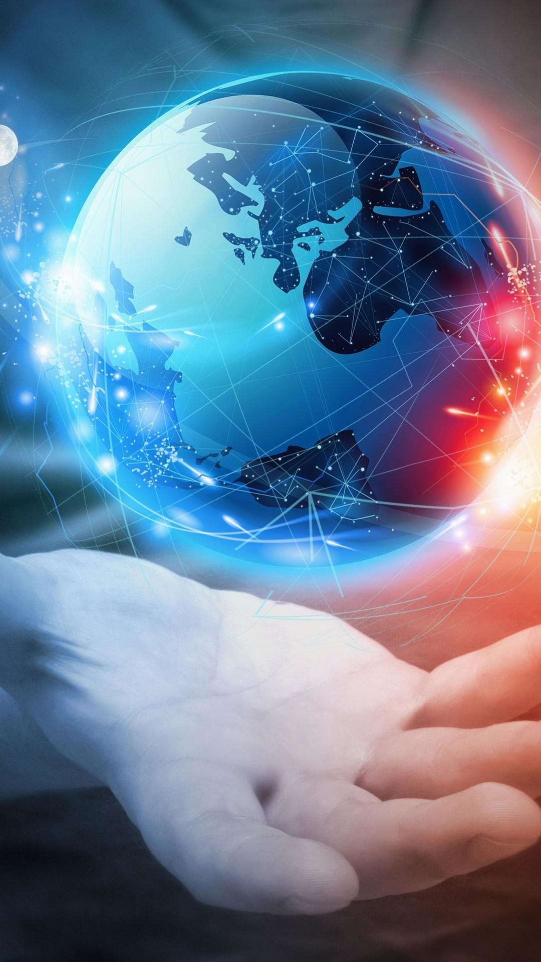 Terra, Mano, Globo, Luce blu, sfondo schermata di blocco Android
