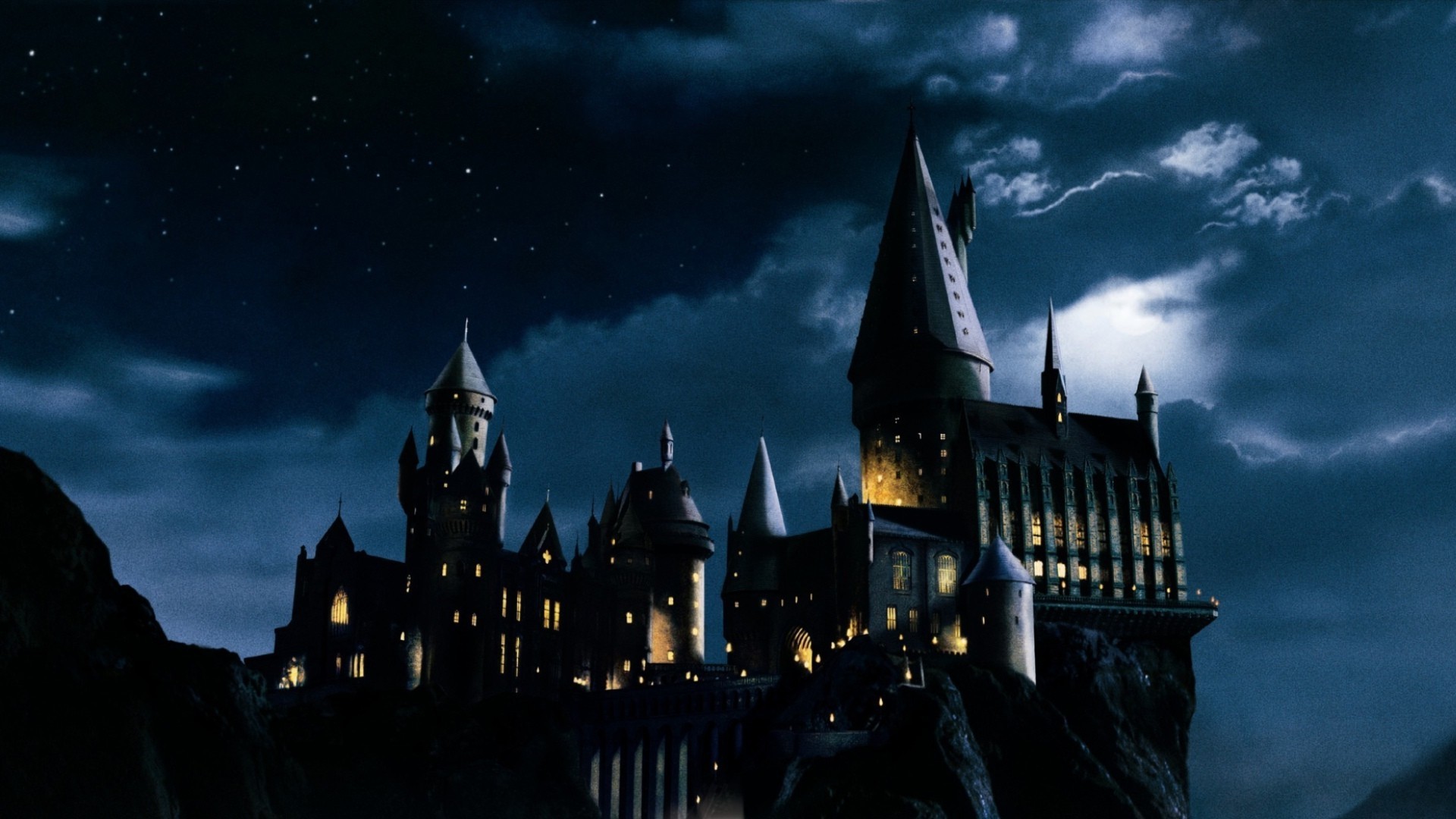 Harry Potter, Castello di Hogwarts, Notte, Luna, Full HD, wallpaper desktop