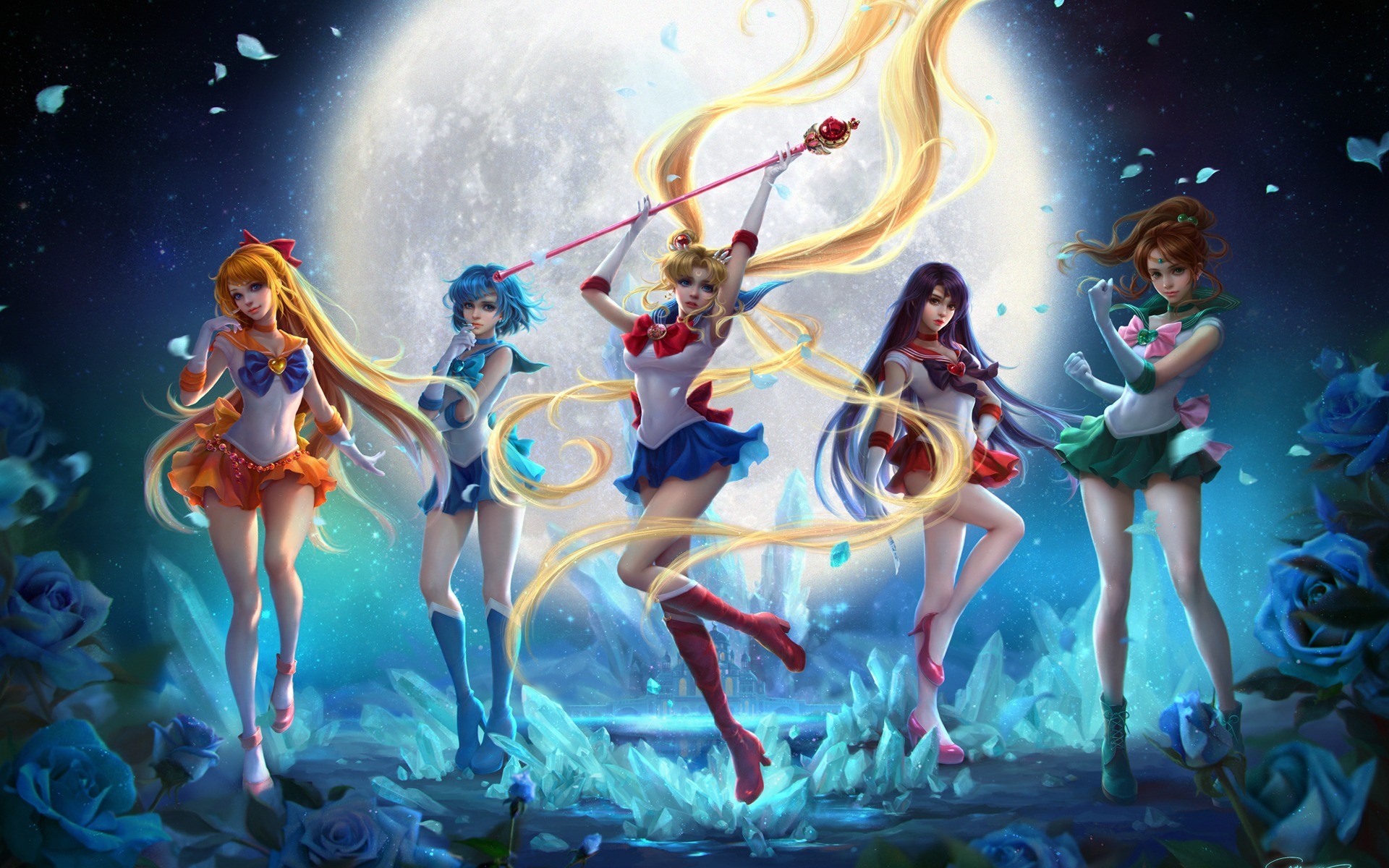 Sailor Moon, Sailor Venus, Sailor Mercury, Sailor Mars, Sailor Jupiter, Luna piena, sfondo Full HD