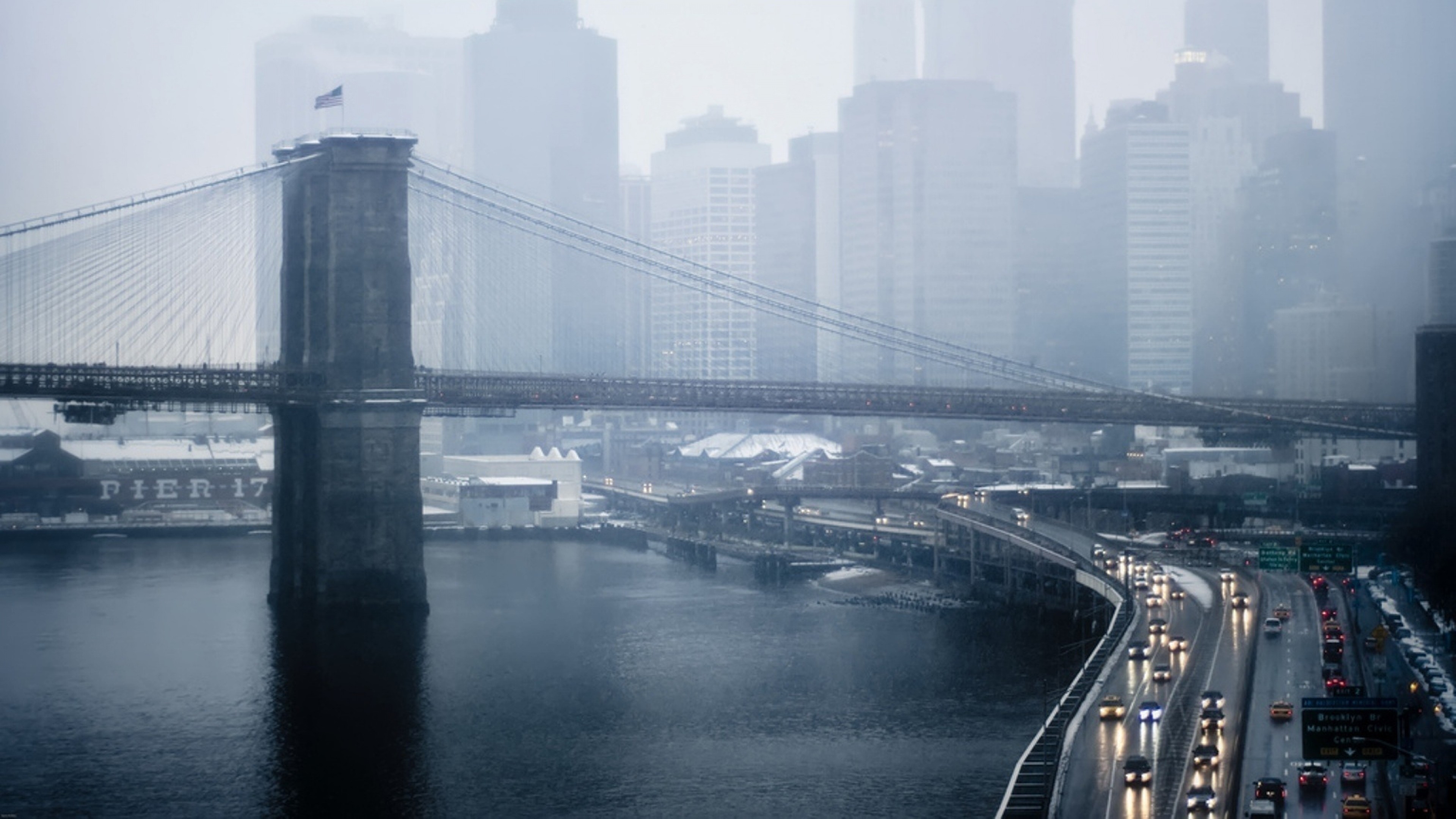 Ponte di Brooklyn, Nebbia, East River, New York, 3840x2160, wallpaper desktop