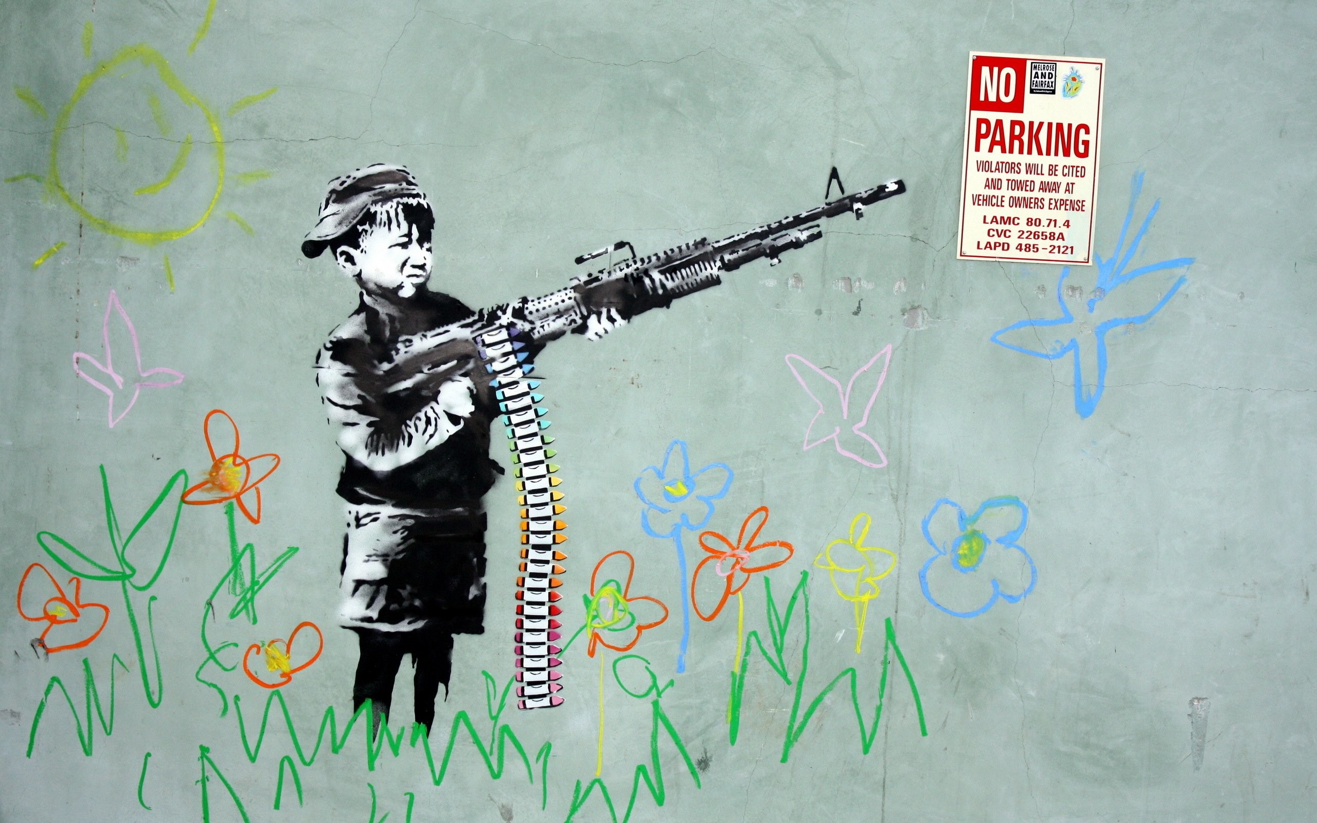 Banksy, Bambino, Mitragliatrice, Disegni a gessetto, Street art, sfondo 2560x1600 per PC