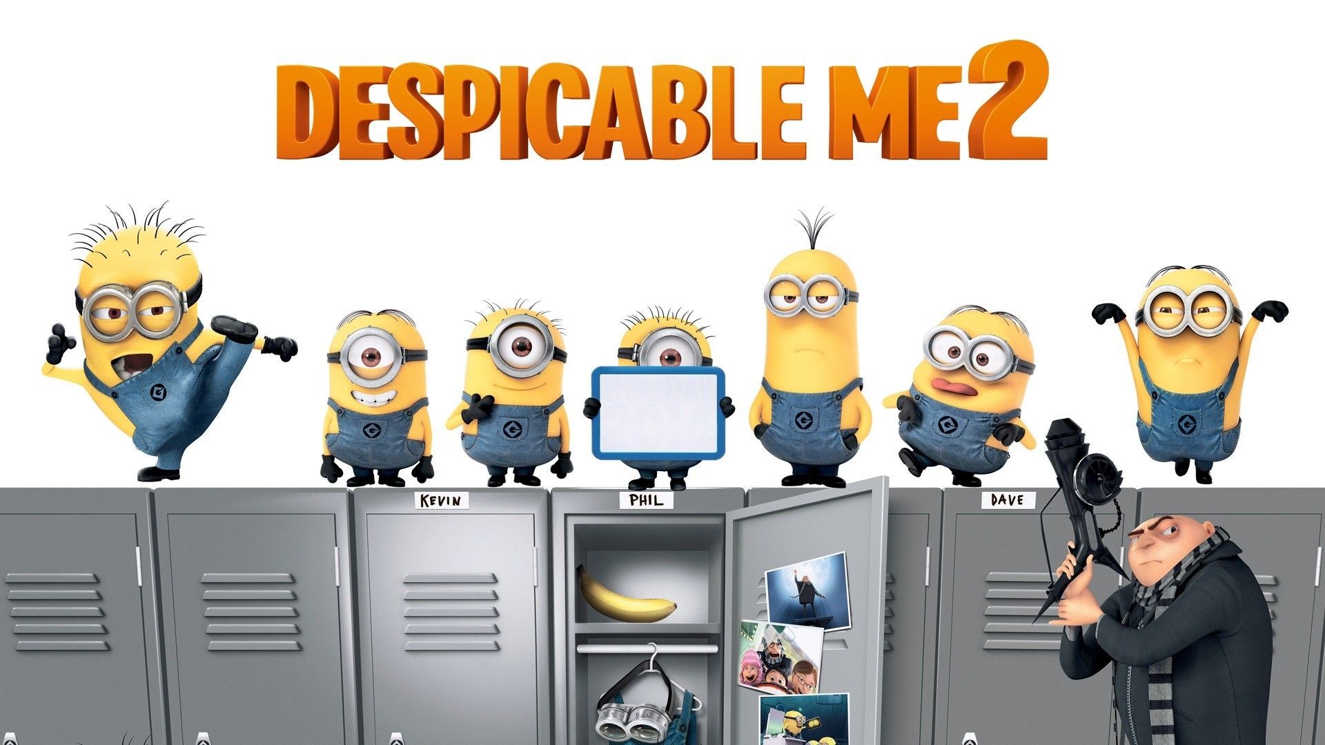 Cattivissimo me 2, Minion, Gru, Armadietti, Sfondo bianco, wallpaper Android