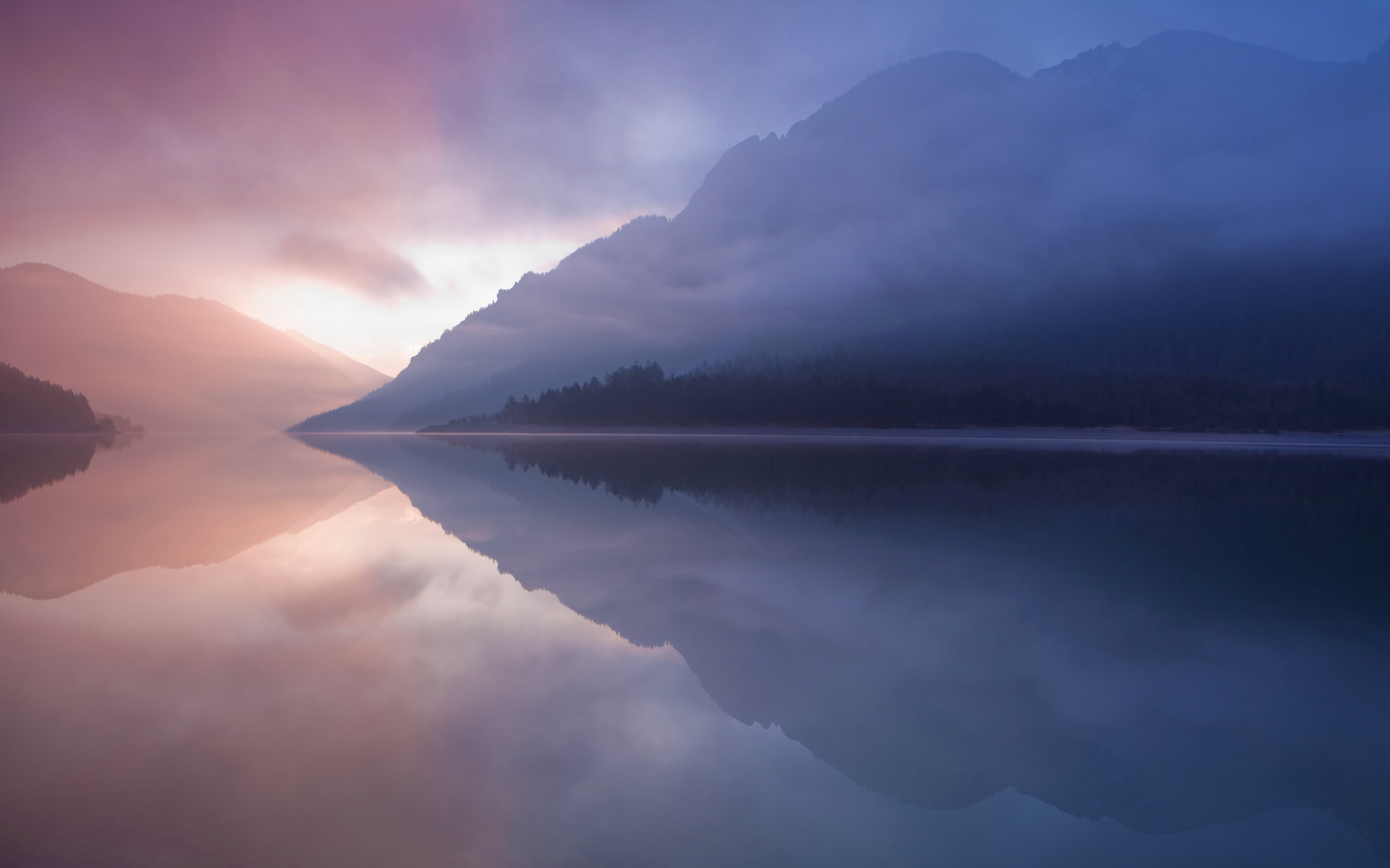 Lago, Montagne, Nebbia, Riflesso, 2K, immagine di sfondo Mac