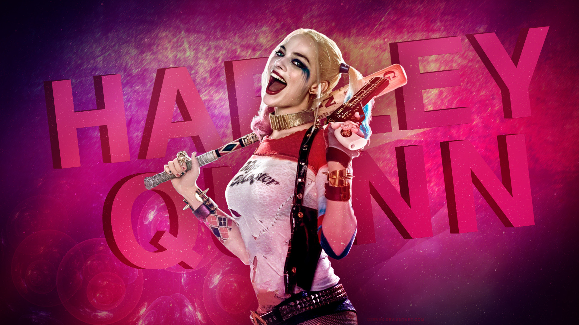 Harley Quinn, Margot Robbie, Suicide Squad, Tipografia, Rosa, Full HD, sfondo per PC