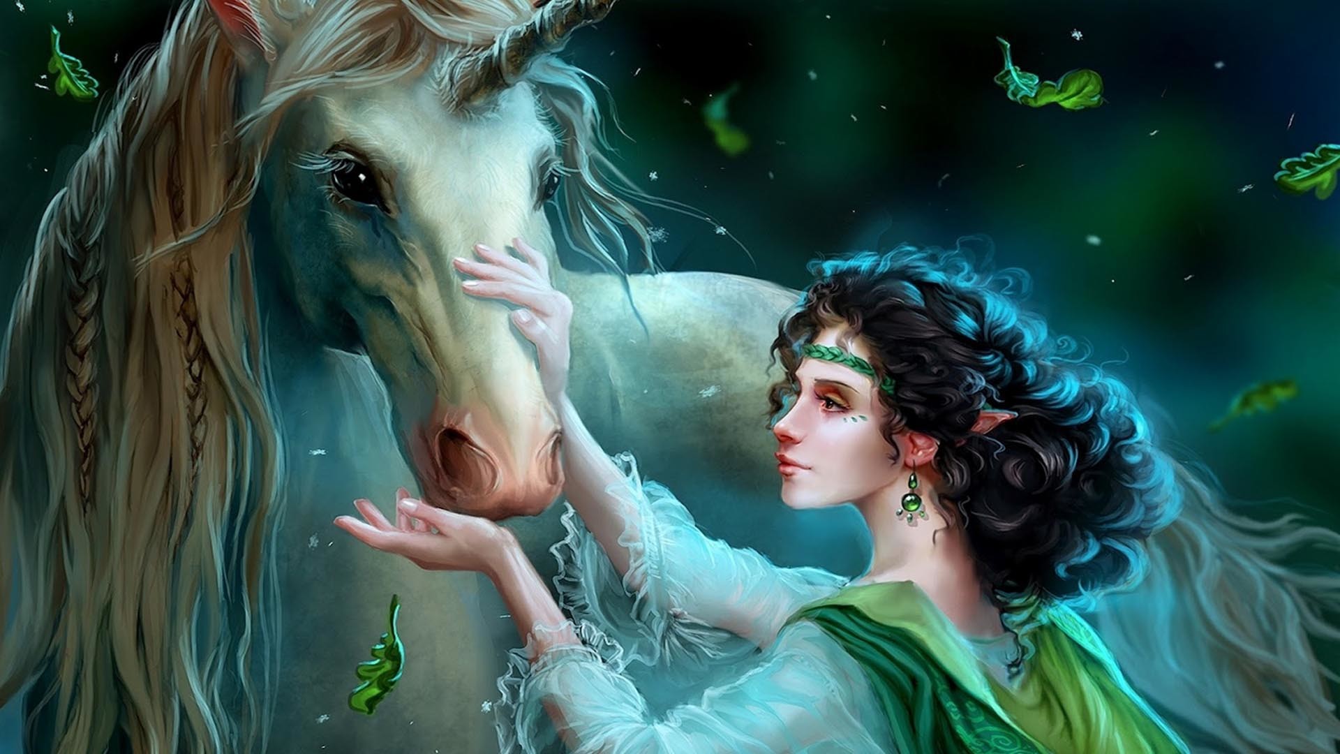 Unicorno, Elfa, Fantasy, Pittura digitale, 1920x1080, immagine di sfondo