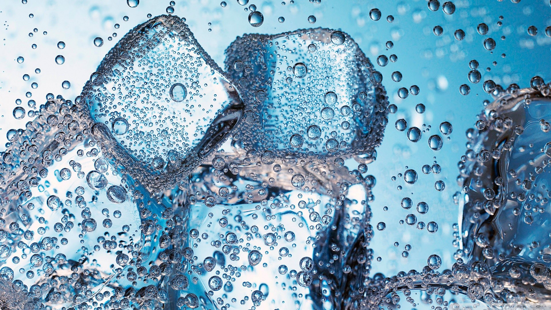 Cubetti di ghiaccio, Bollicine, Azzurro, Macro, 16:9 Full HD, sfondo widescreen