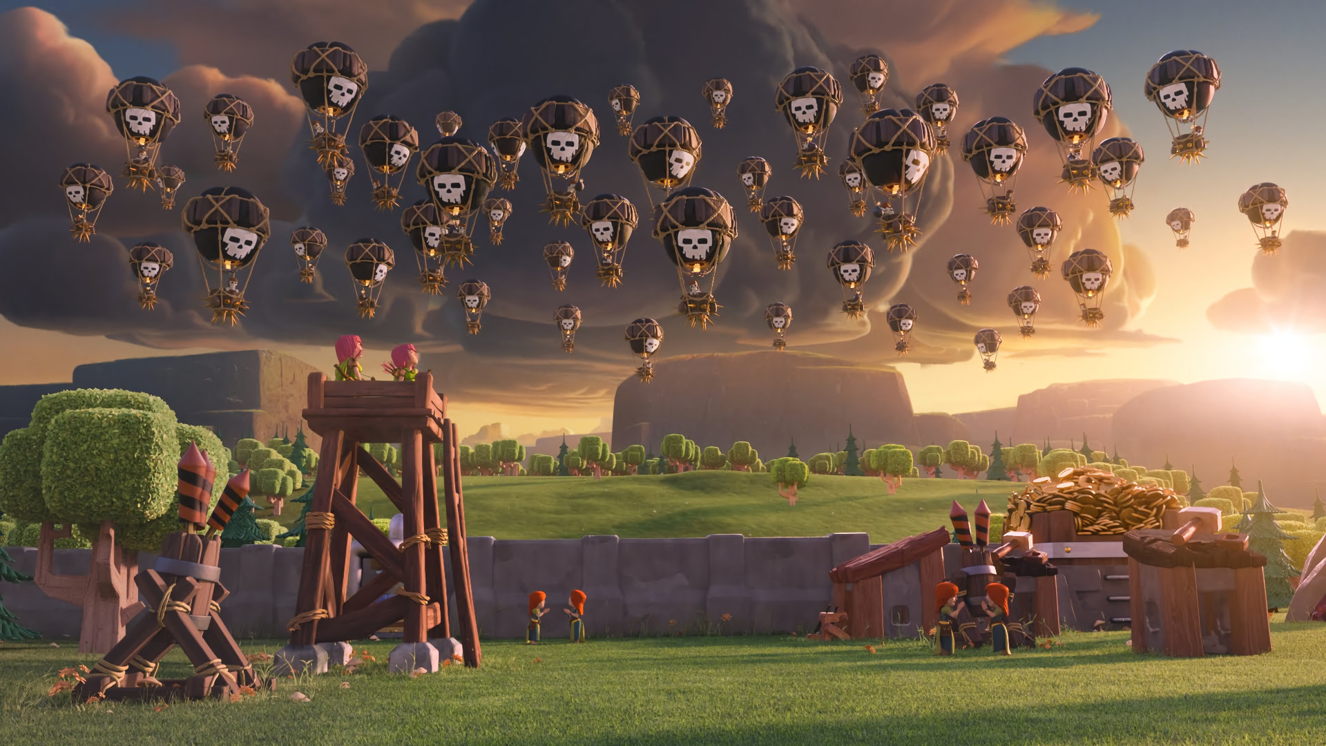 Mongolfiere, Clash of Clans, Torre degli arcieri, Villaggio, Tramonto, sfondo per portatile