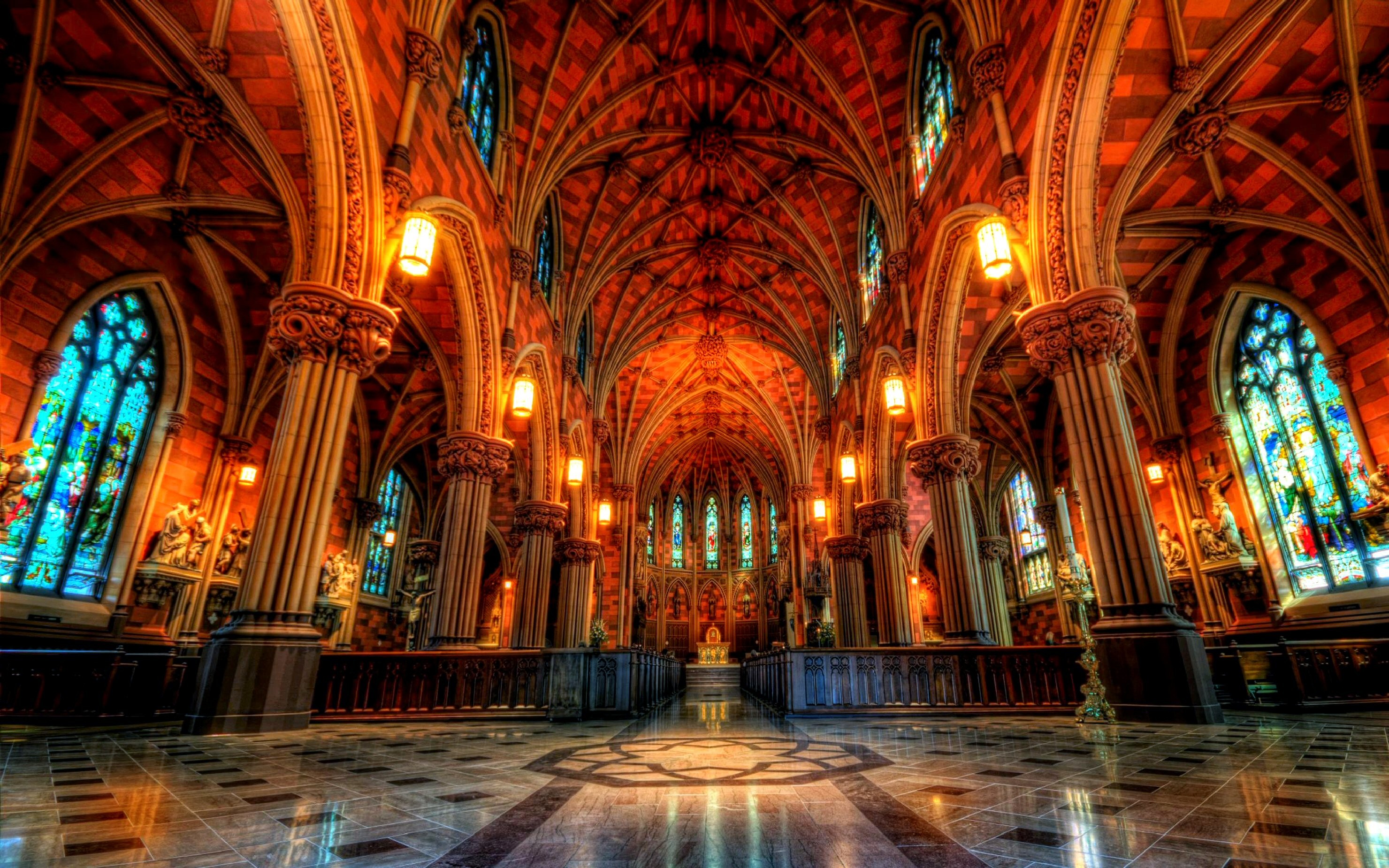 Cattedrale, Architettura gotica, Interno, Vetrate, HDR, 2K, sfondo desktop