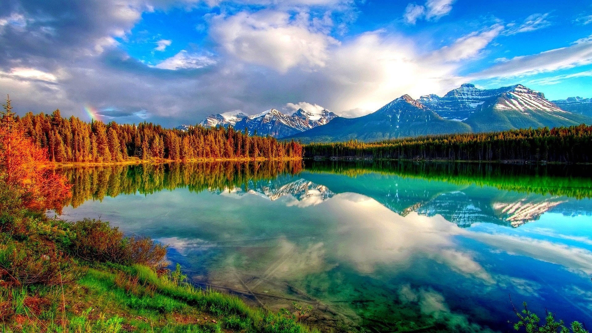 Lago di montagna, Montagne Rocciose, Riflesso, Foresta, Nuvole, Full HD, wallpaper per portatile