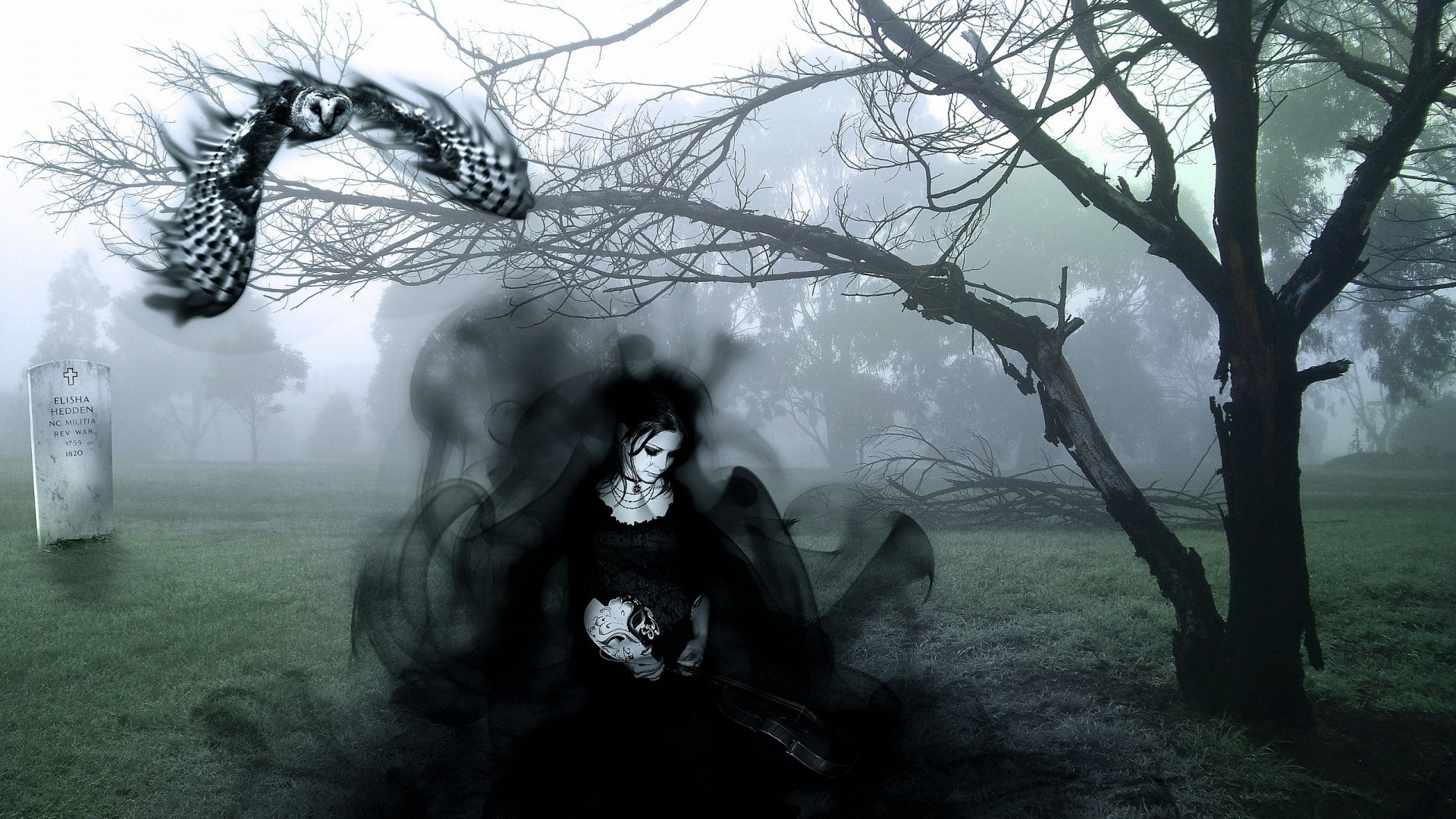 Donna gotica, Gufi, Cimitero, Nebbia, Full HD, sfondo per PC e portatile