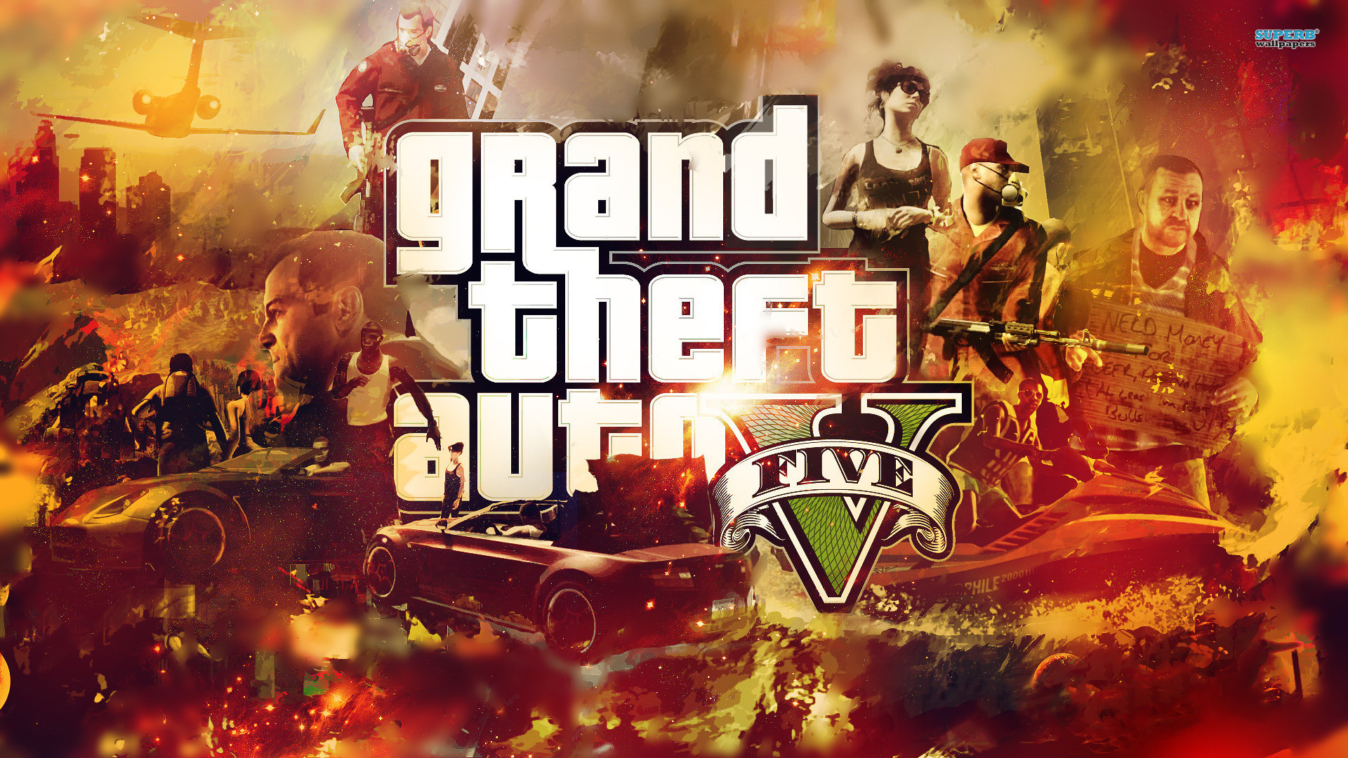 Grand Theft Auto V, Logo GTA V, Fuoco, Collage, Arancione, Full HD, sfondo per PC