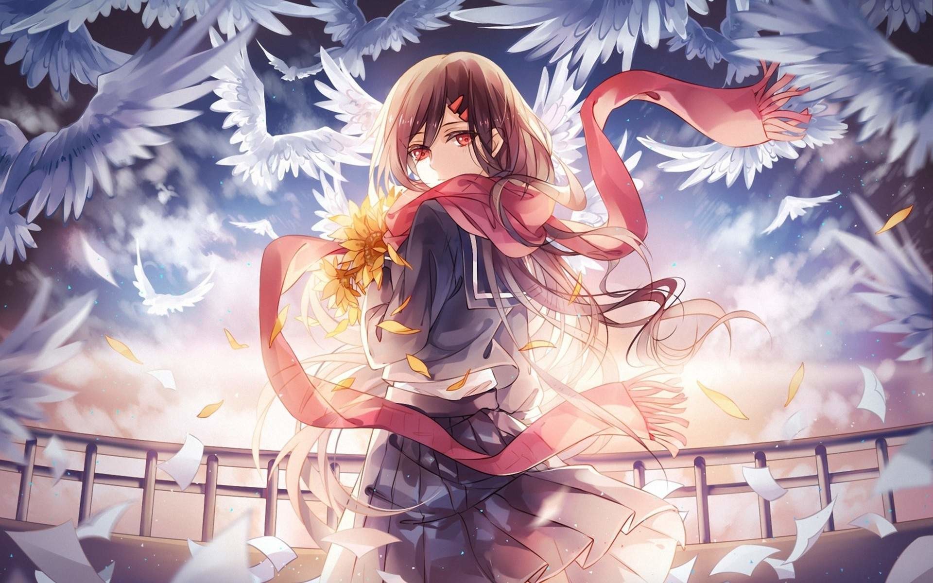 Ragazza anime, Sciarpa rossa, Ali, Piume, Full HD, sfondo per portatile