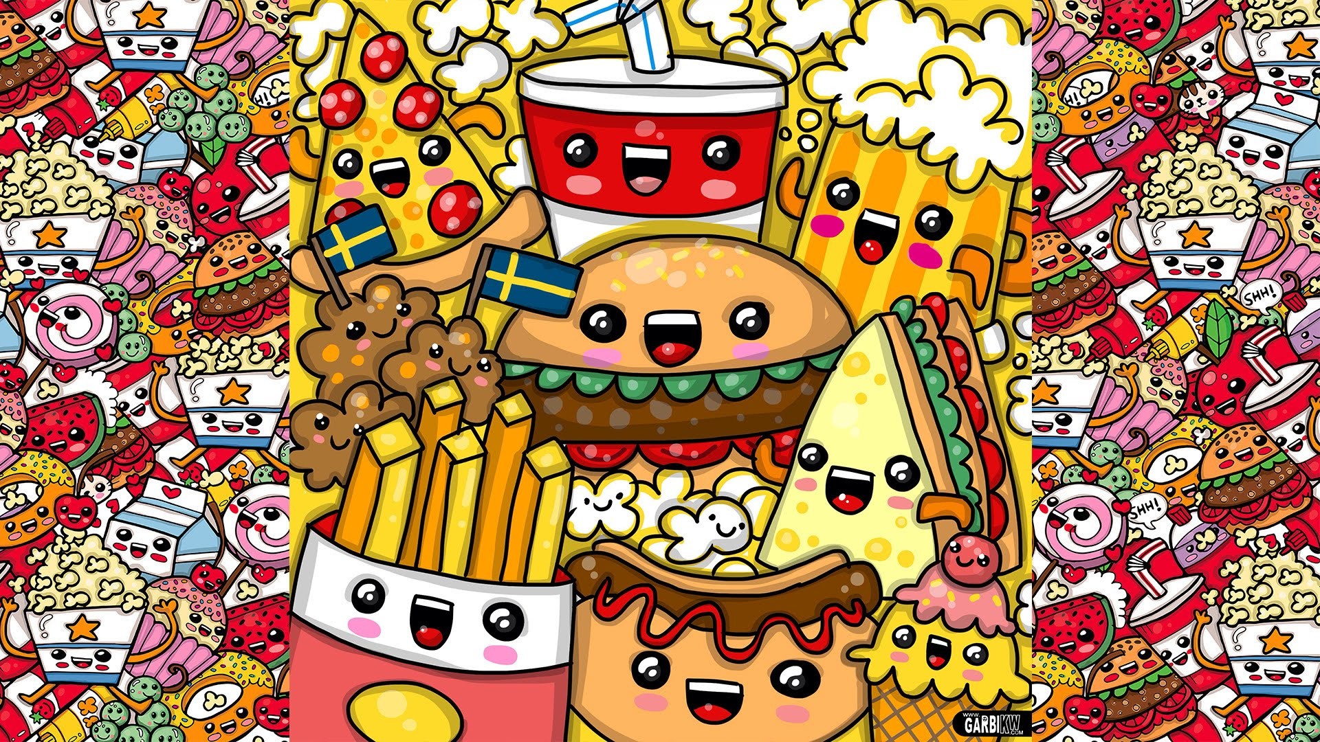 Garbi KW, Hamburger, Patatine fritte, Popcorn, Fast food, Doodle, sfondo desktop 1080p