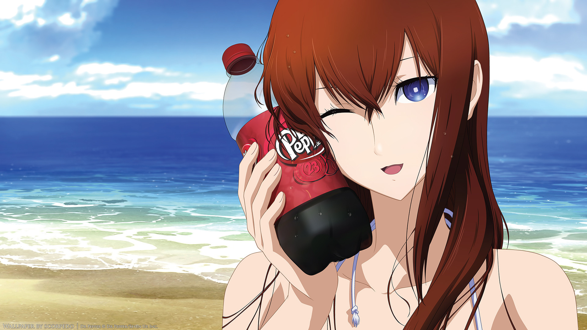Kurisu Makise, Steins;Gate, Dr Pepper, Spiaggia, Occhiolino, Full HD, sfondo per portatile