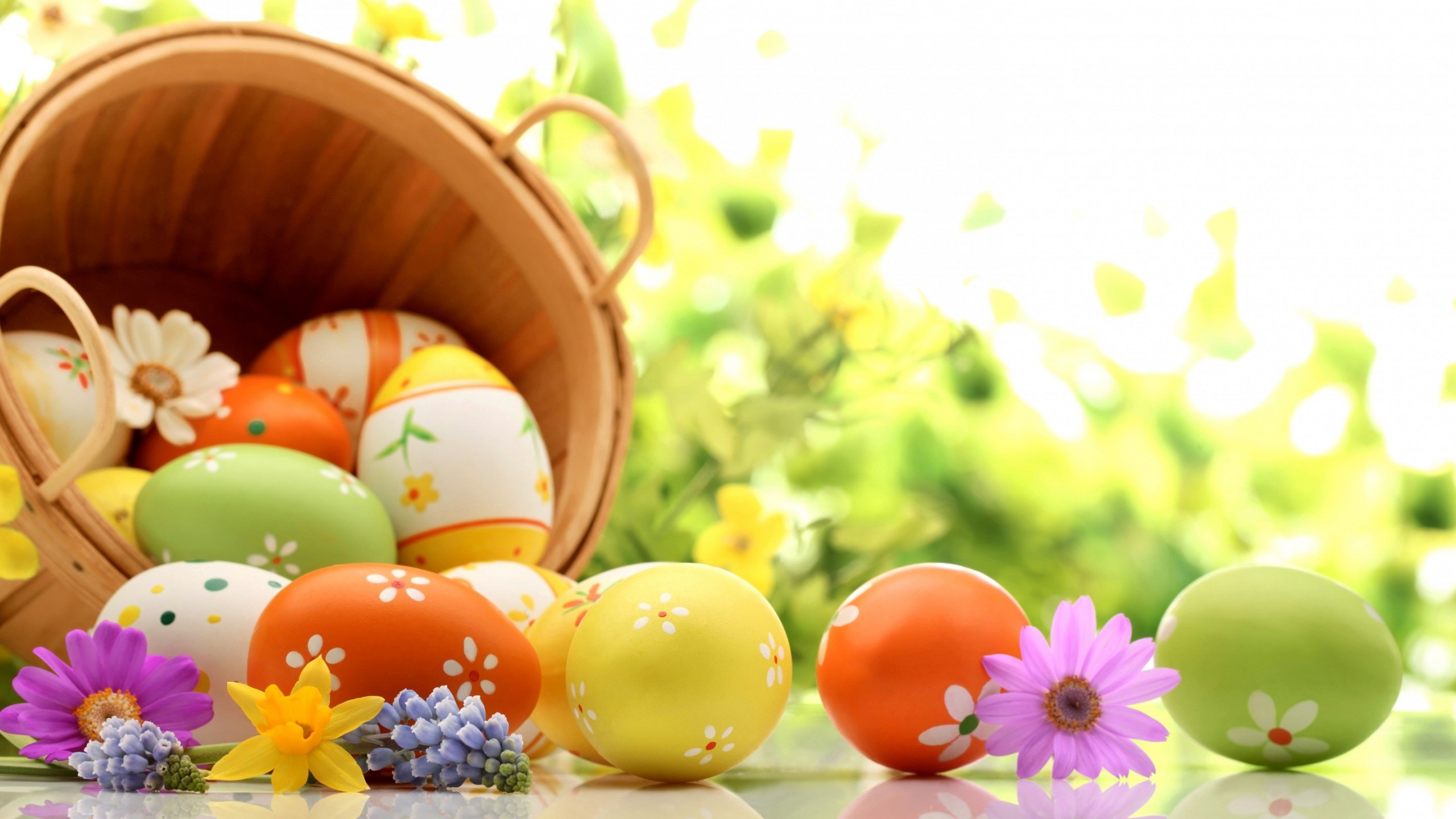 Uova di Pasqua, Cesto, Fiori, Primavera, 2K, wallpaper desktop