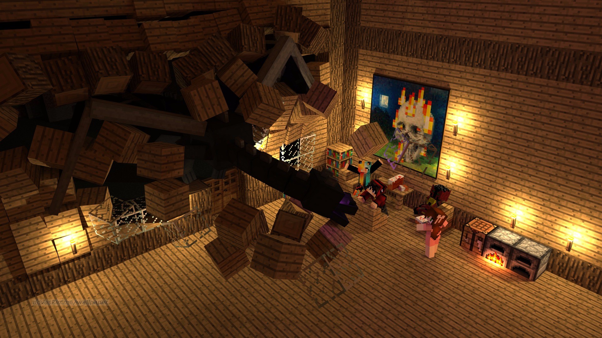 Minecraft, Ender Dragon, Novaskin, Casa in legno, 1920x1080, immagine di sfondo