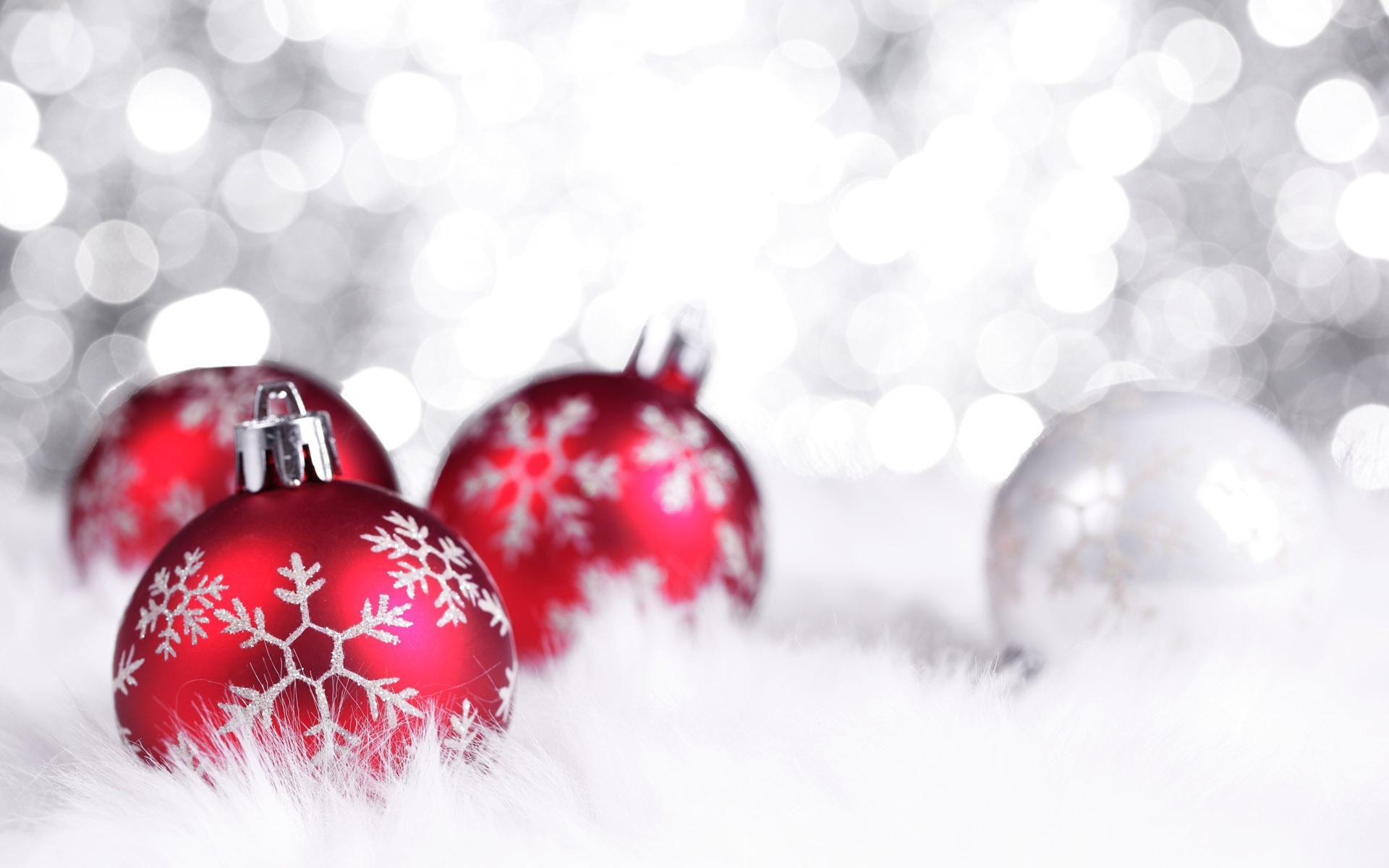 Palline di Natale, Fiocchi di neve, Rosso e bianco, Bokeh, Full HD, wallpaper per computer