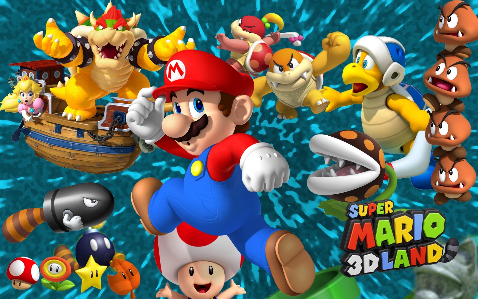 Super Mario 3D Land, Mario, Bowser, Toad, Goomba, 16:10 Full HD, sfondo widescreen