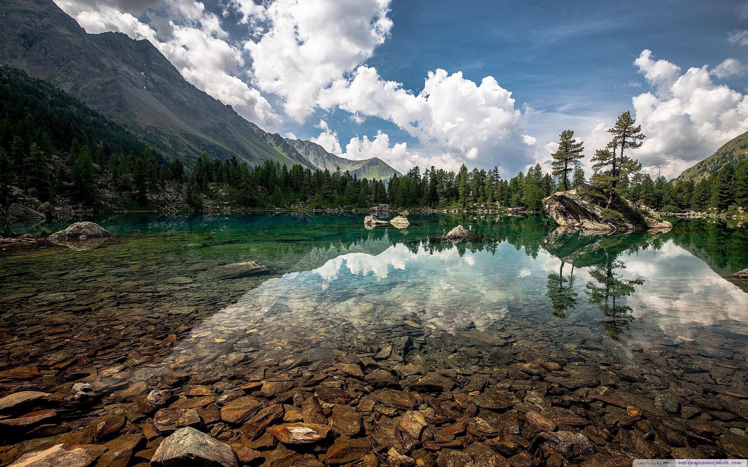 Lago di montagna, Riflesso, Pini, Nuvole, Sassi, 2K, wallpaper per portatile