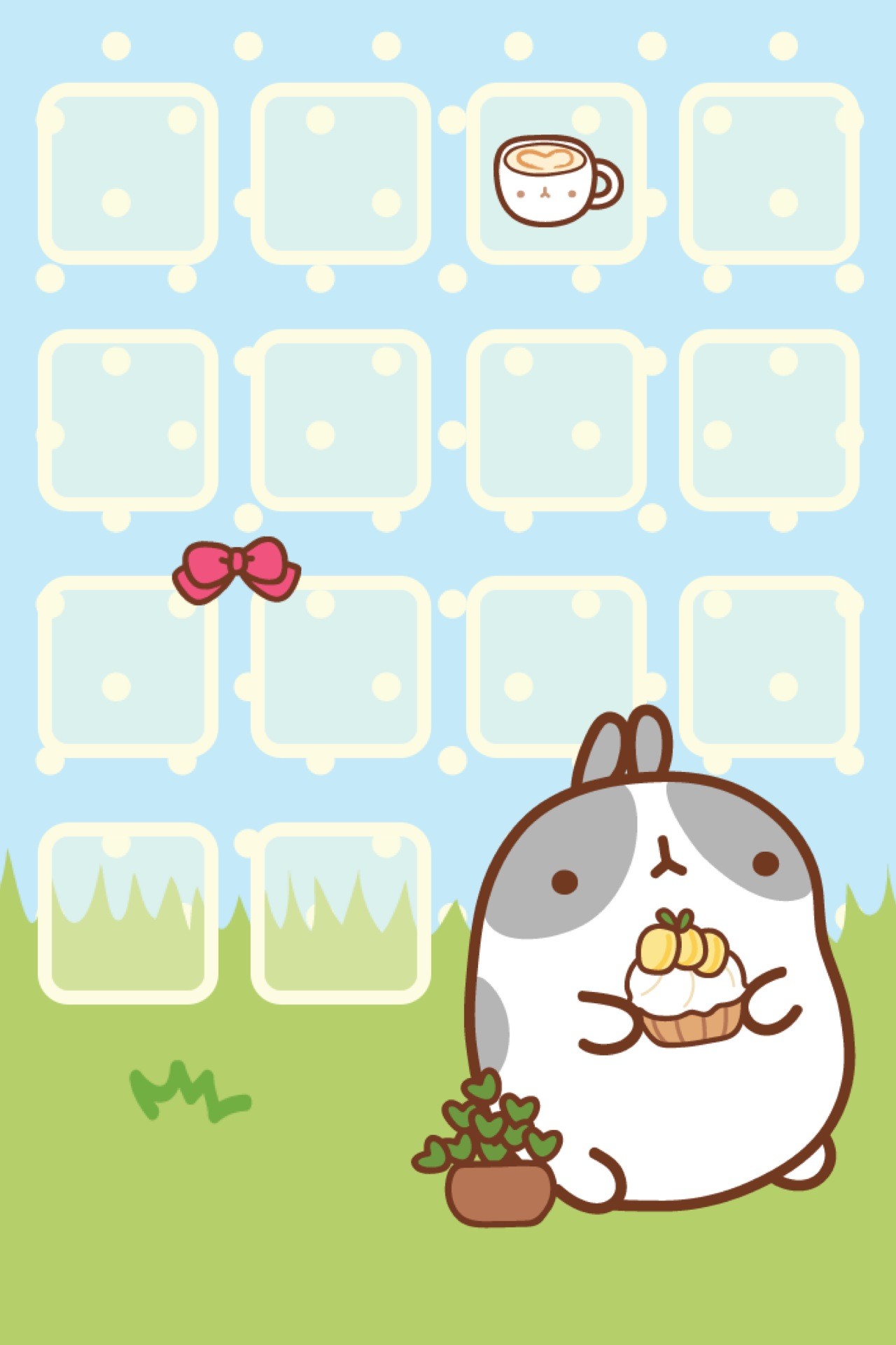 Molang, Coniglietto, Icone, Azzurro, Prato, Full HD, sfondo per smartphone