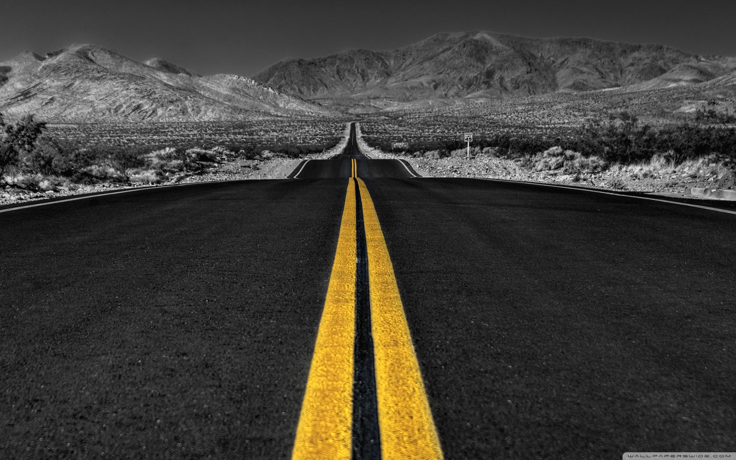 Strada, Linee gialle, Deserto, Colore selettivo, 2K, wallpaper per portatile