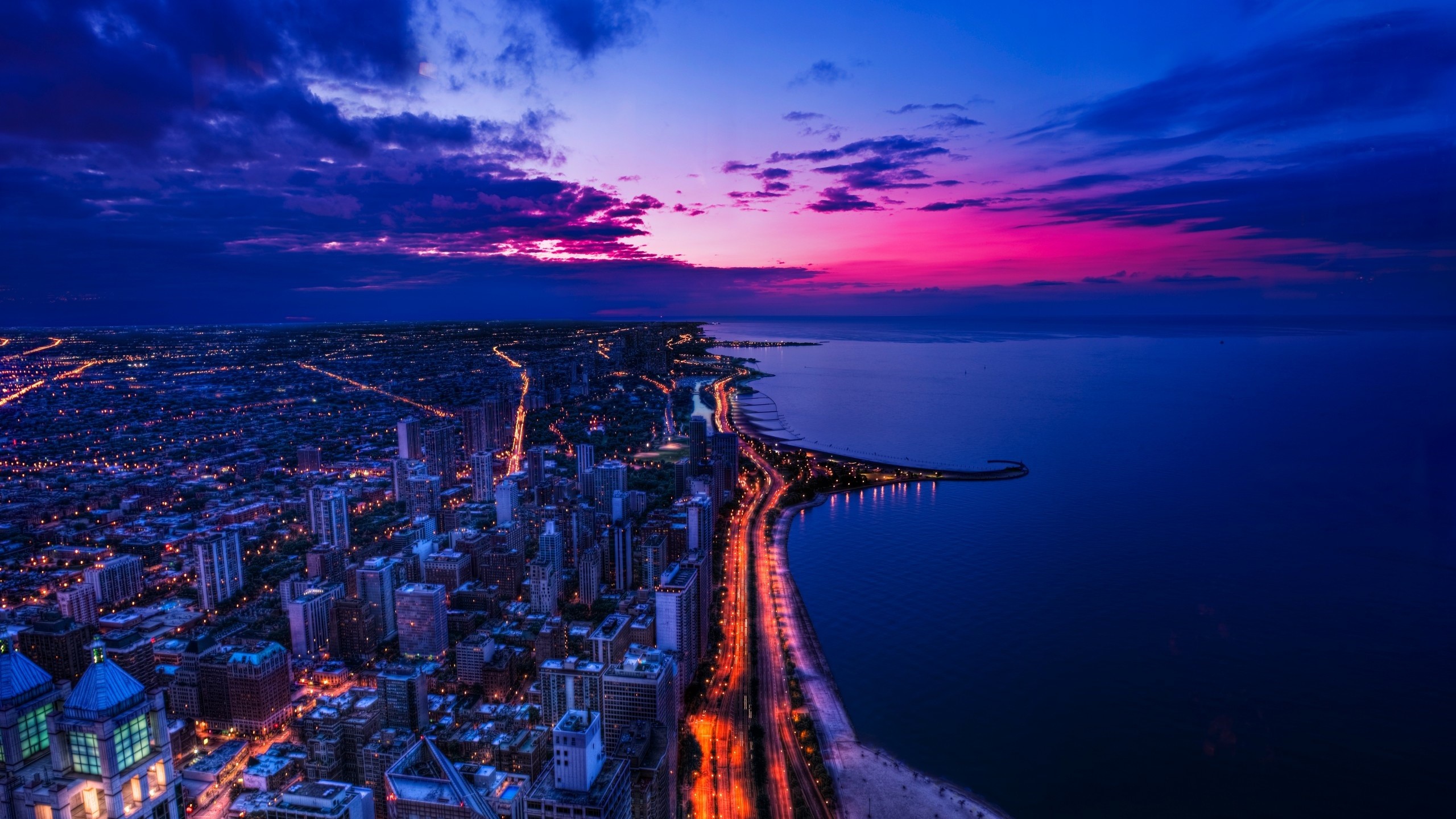 Chicago, Lago Michigan, Città, Crepuscolo, Vista aerea, 2K, wallpaper desktop