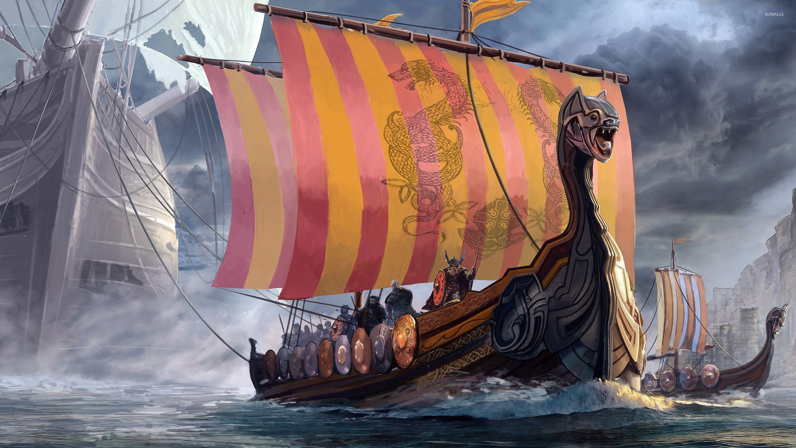 Drakkar, Vele a strisce, Illustrazione, Mare, 2K 1440p, sfondo desktop