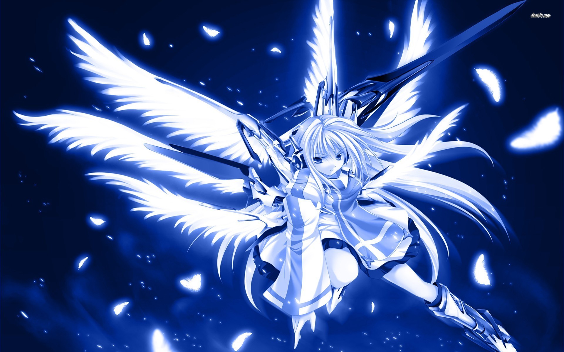 Angelo, Ragazza anime, Ali bianche, Piume, Sfondo blu, 16:10 Full HD, wallpaper widescreen