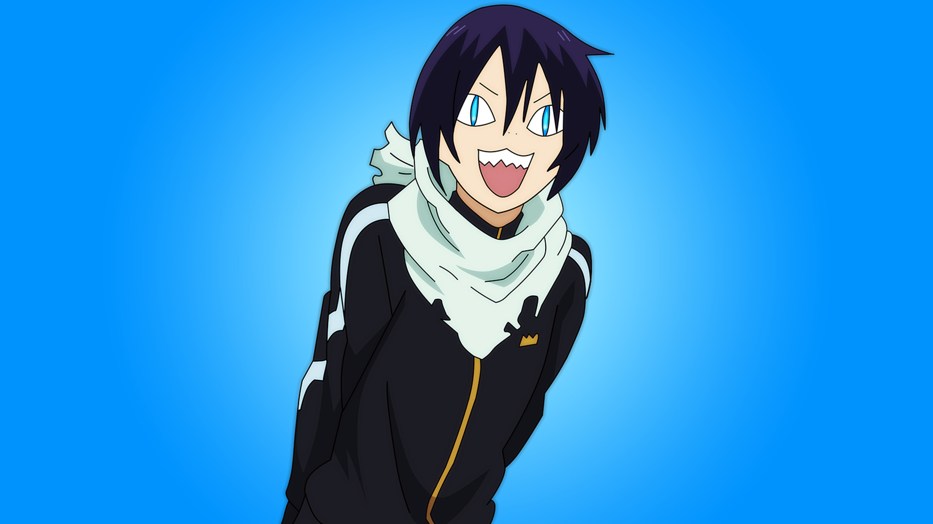 Yato, Noragami, Sorriso, Sciarpa, Sfondo azzurro, 1920x1080, wallpaper desktop
