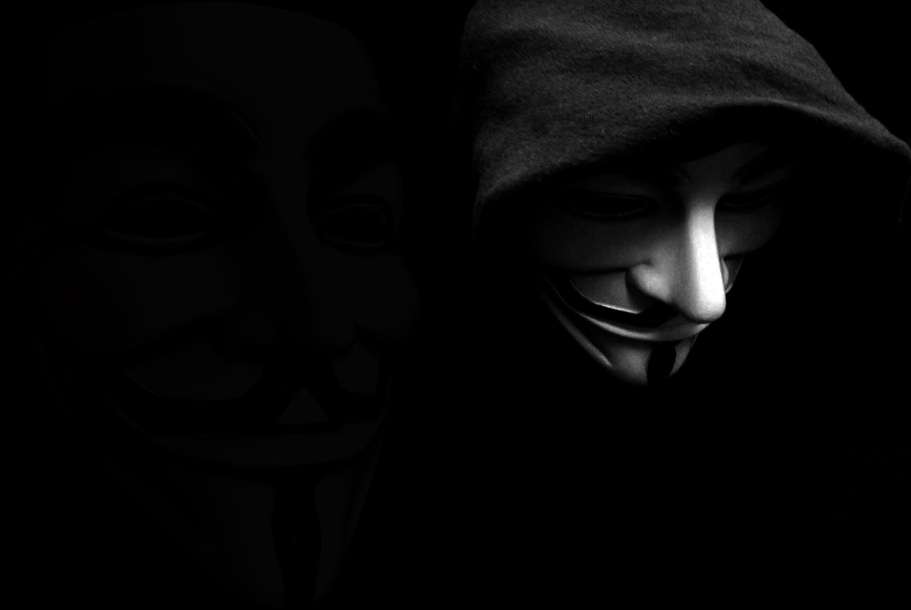 V per Vendetta, Maschera di Guy Fawkes, Cappuccio, Sfondo nero, 2K, wallpaper desktop