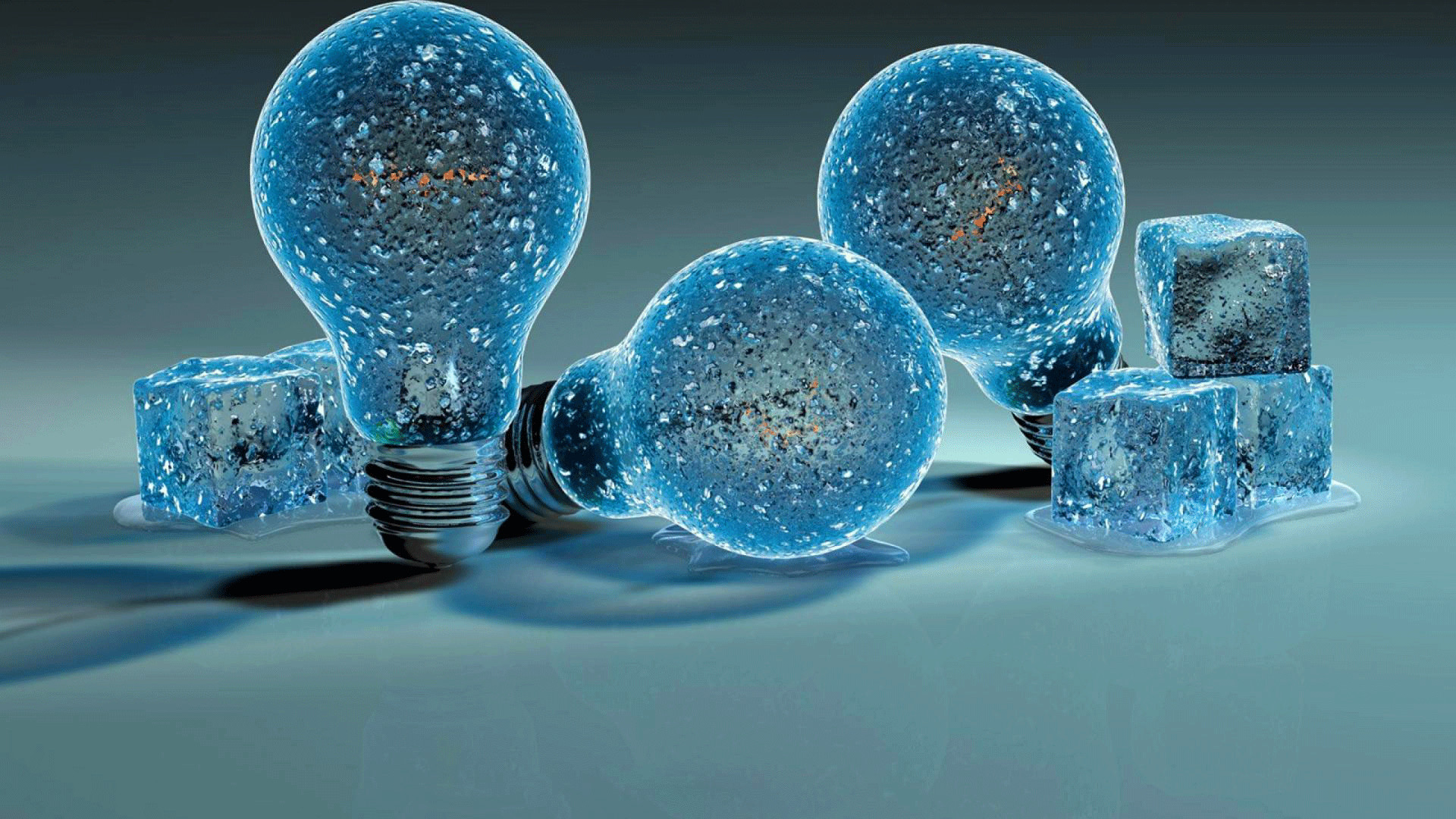 Lampadine, Cubetti di ghiaccio, Rendering 3D, Azzurro, sfondo desktop PC