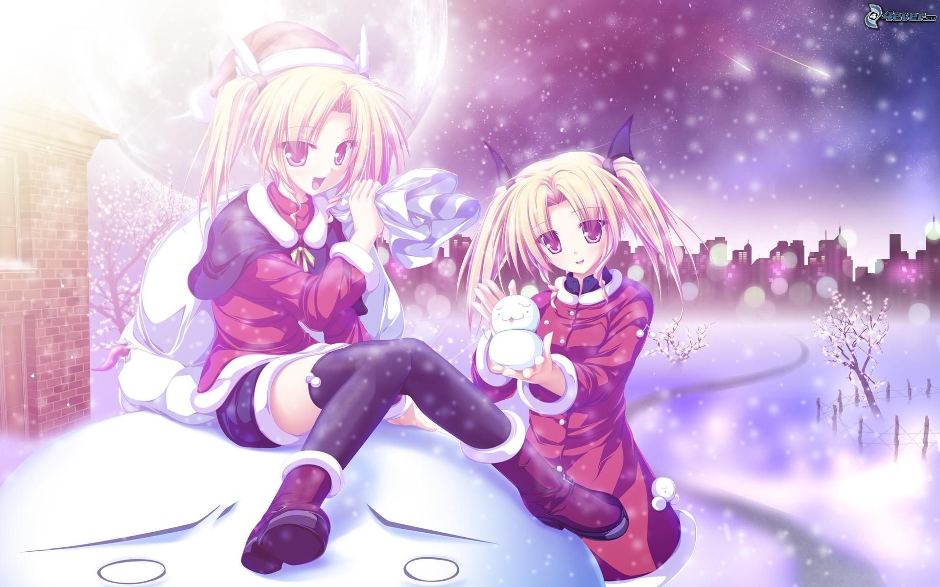 Ragazze anime, Natale, Neve, Pupazzo di neve, 16:10 Full HD, wallpaper widescreen