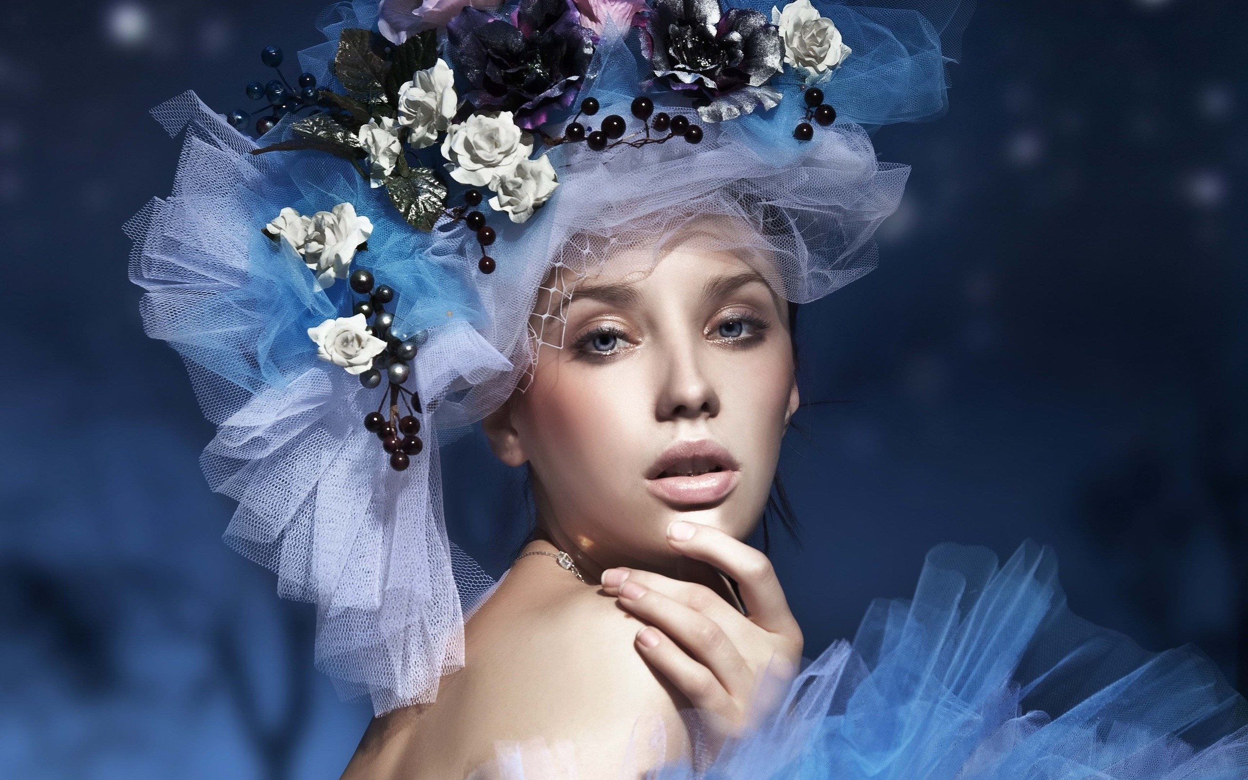 Modella, Copricapo floreale, Tulle, Blu, 2K, sfondo per PC e portatile