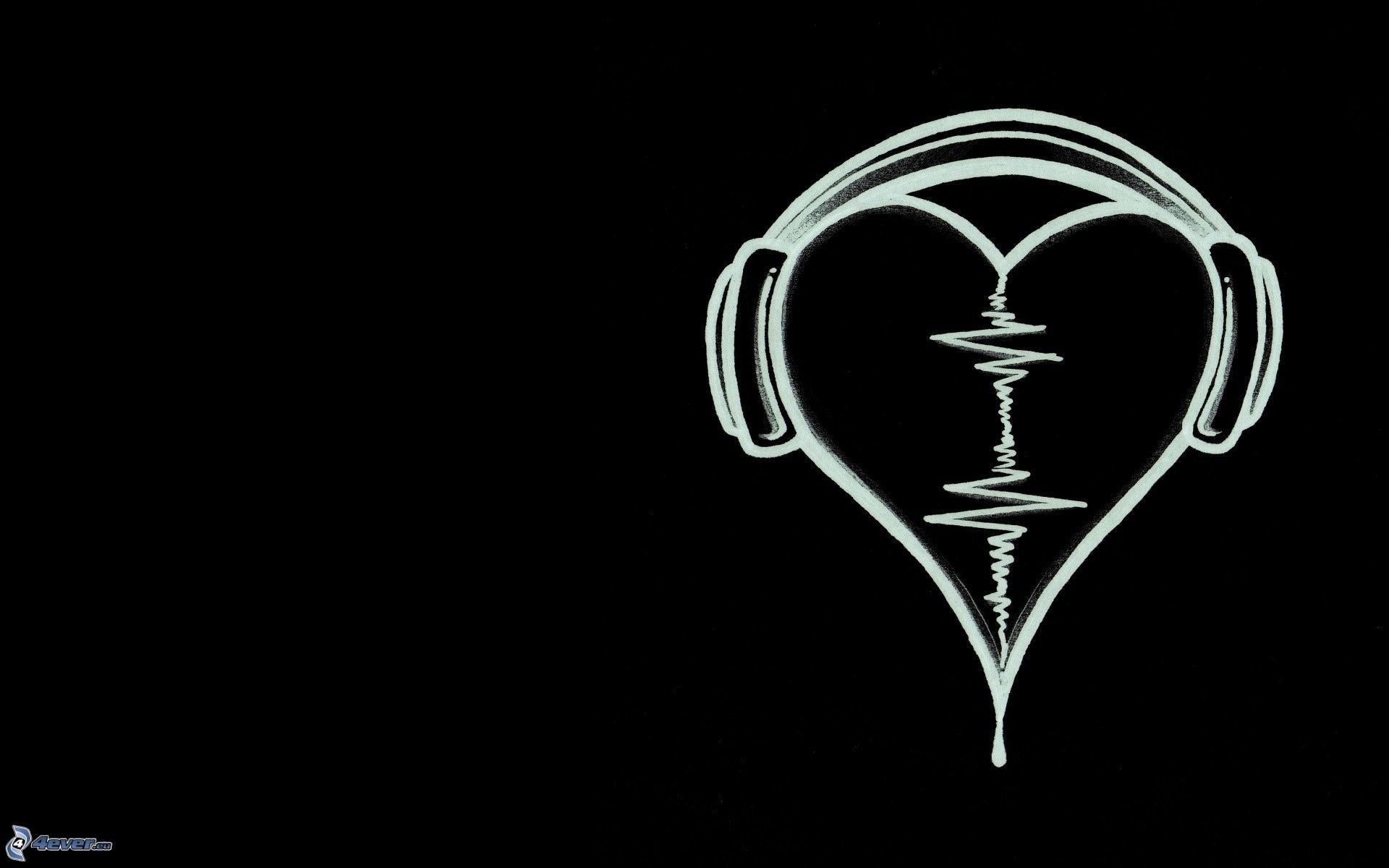 Cuore, Cuffie, Battito, Sfondo nero, Minimalismo, 16:10 Full HD, wallpaper widescreen