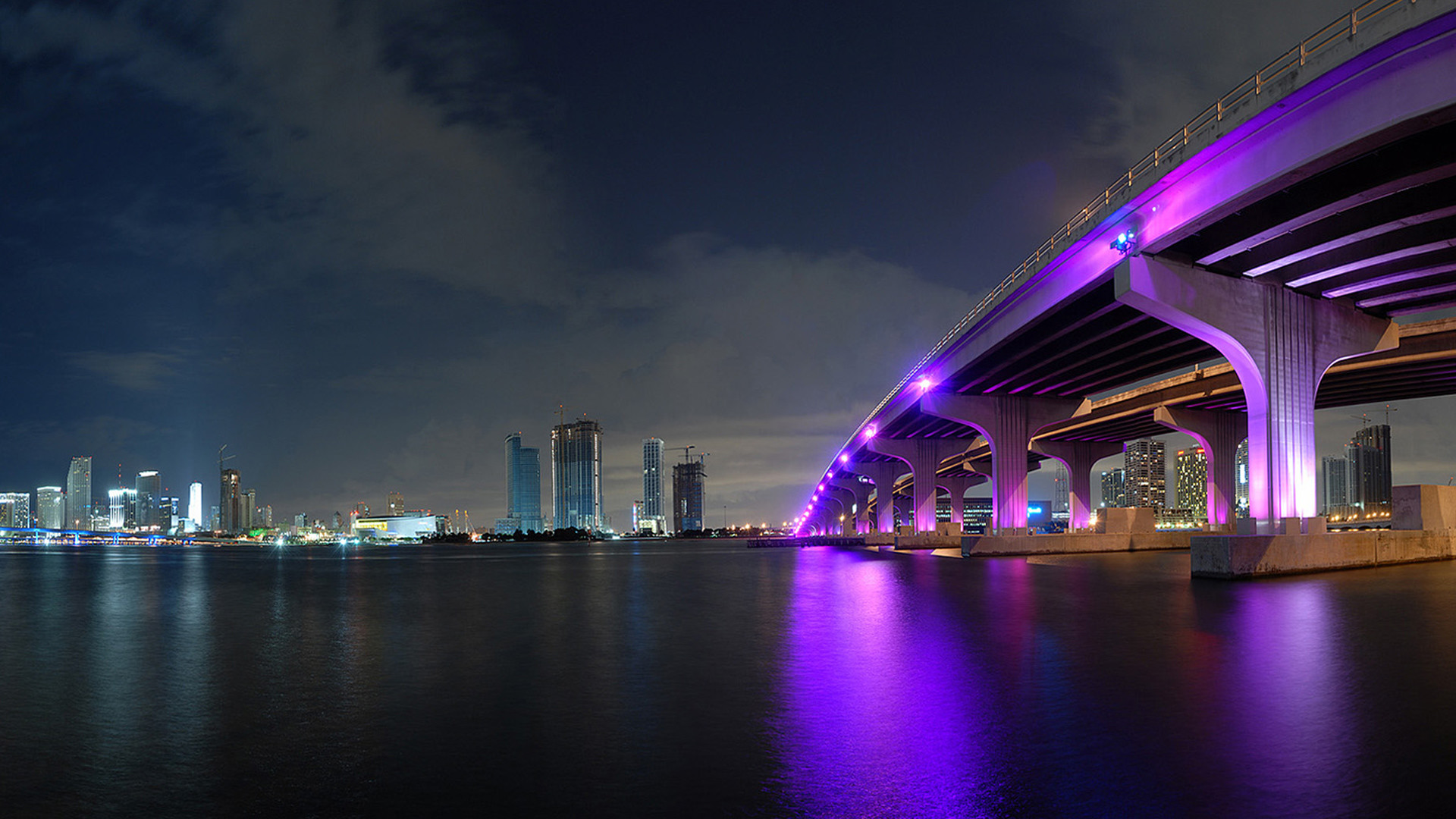 Miami, Ponte, Luci viola, Notte, Baia, 1920x1080, sfondo per PC