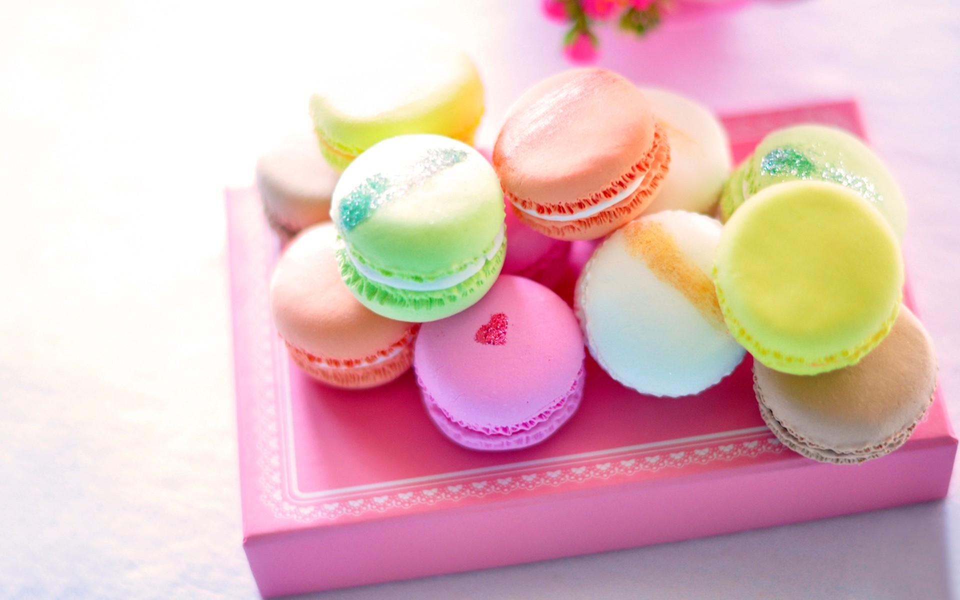 Macarons, Colori pastello, Scatola rosa, Dolci, 1920x1200, wallpaper desktop