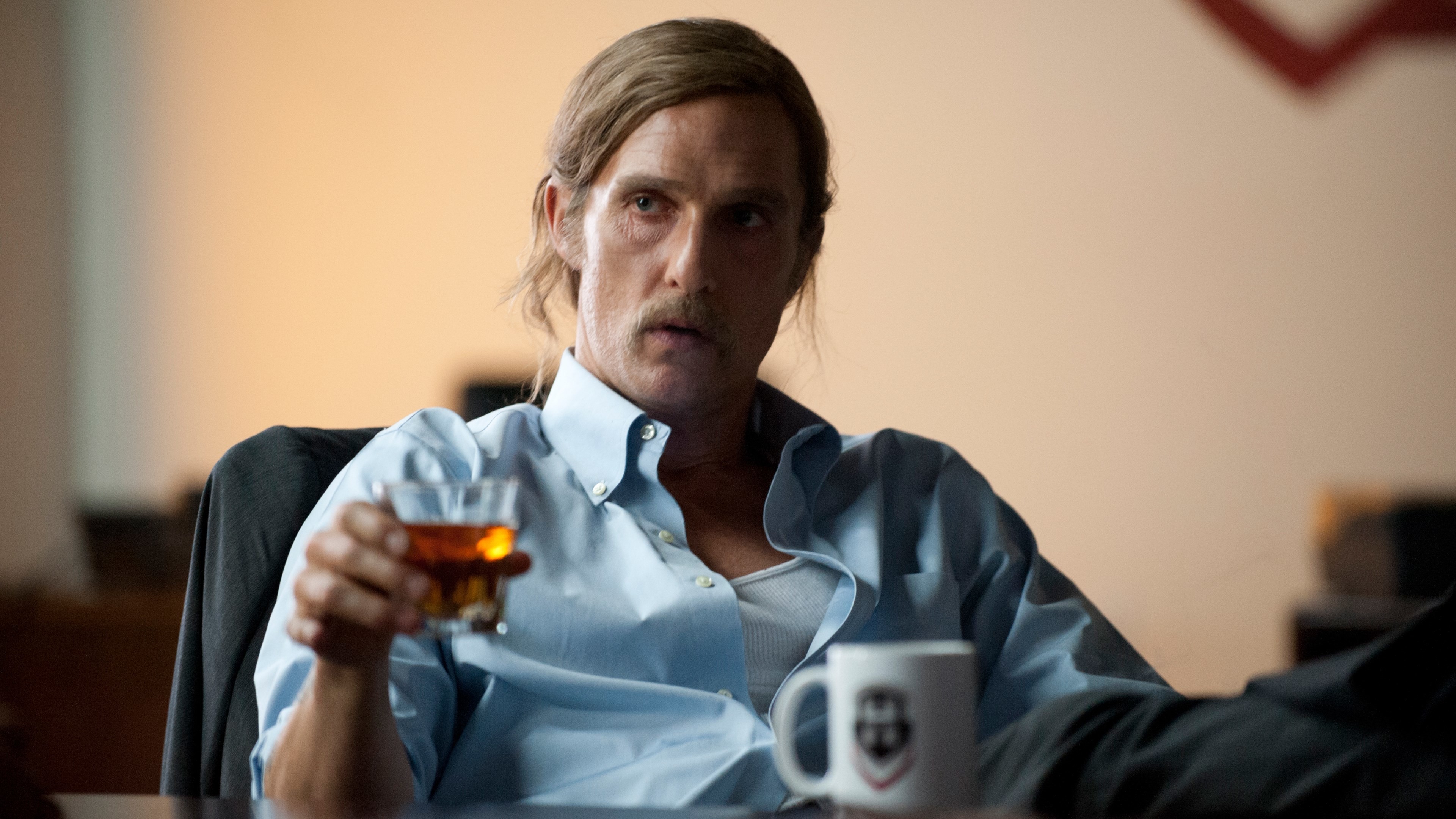 Rust Cohle, Matthew McConaughey, True Detective, Whisky, Interrogatorio, sfondo desktop 2160p