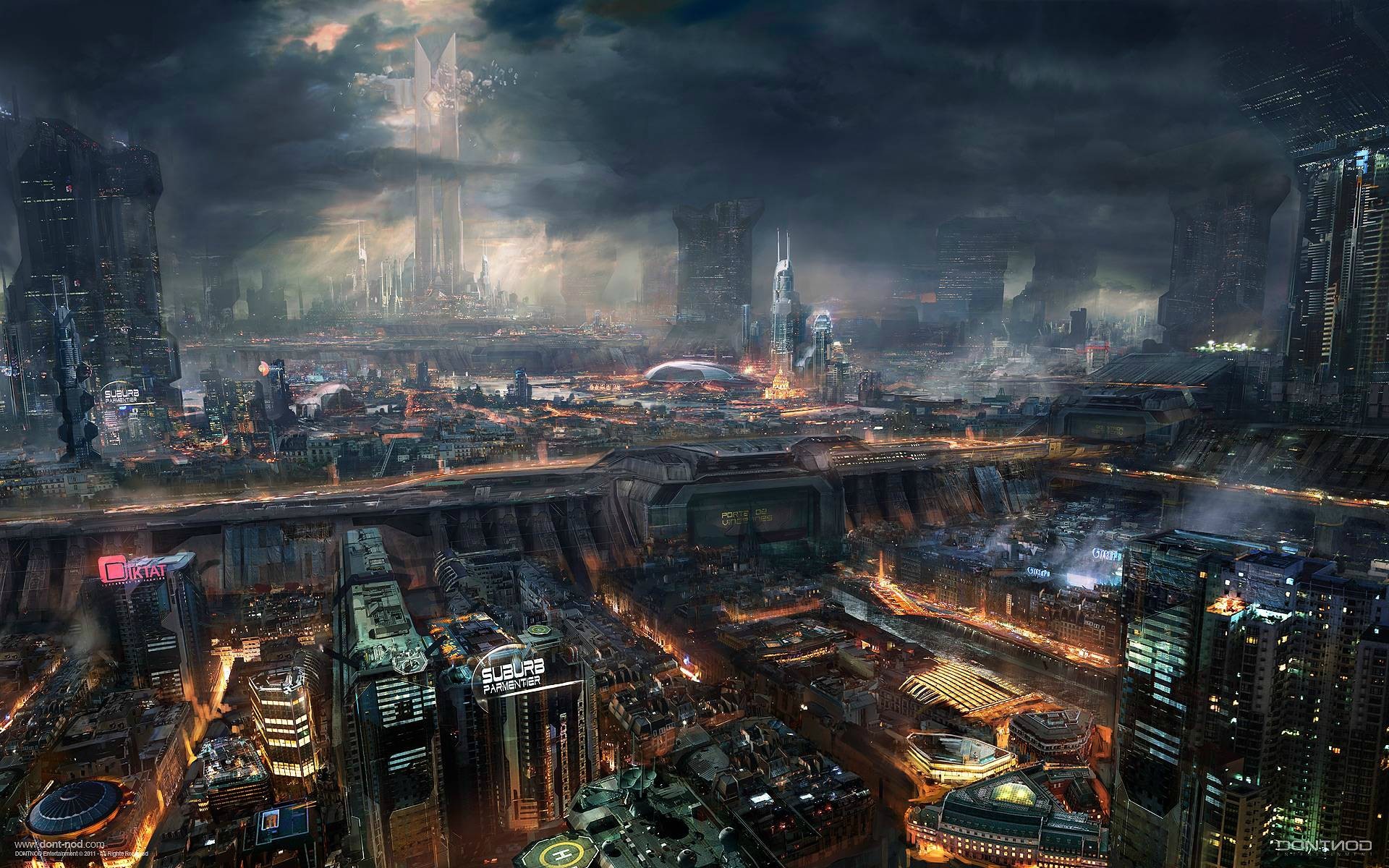 Città futuristica, Metropoli, Notte, Nuvole temporalesche, Fantascienza, wallpaper 1920x1200