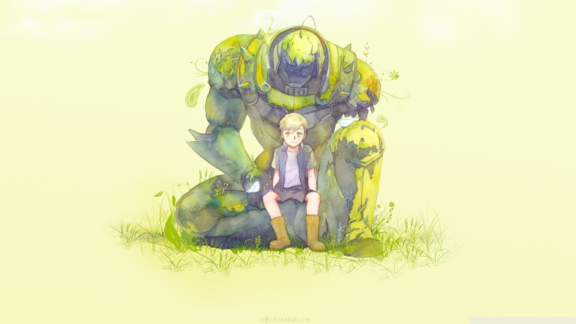 Alphonse Elric, Fullmetal Alchemist, Armatura, Prato, Acquerello, sfondo 16:9 Full HD