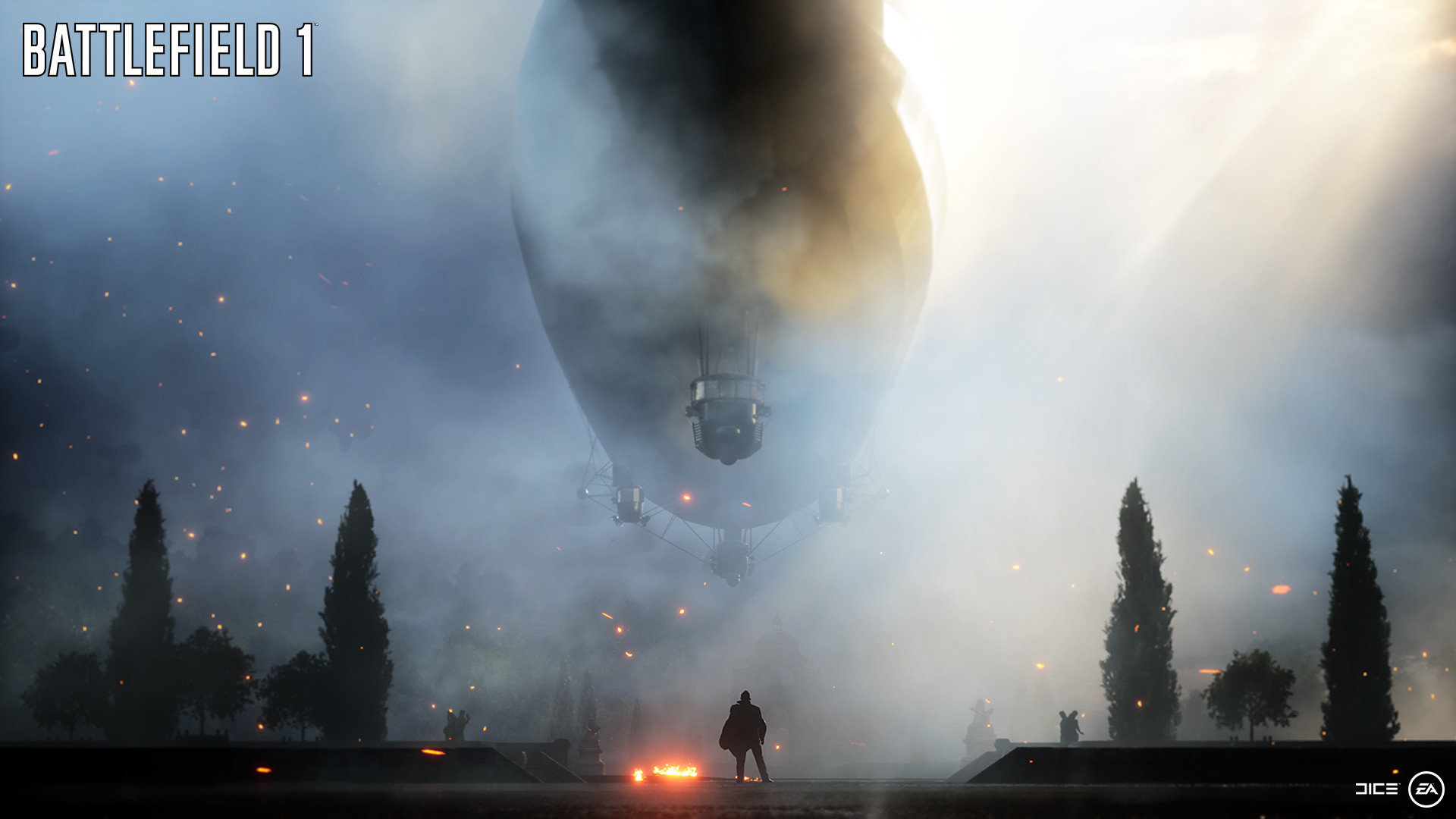 Battlefield 1, Dirigibile, Cipressi, Nebbia, Full HD, sfondo per PC