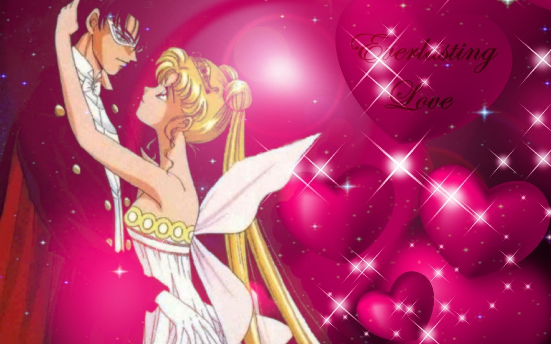 Principessa Serenity, Tuxedo Mask, Sailor Moon Crystal, Cuori, Sfondo rosa, wallpaper Windows 11