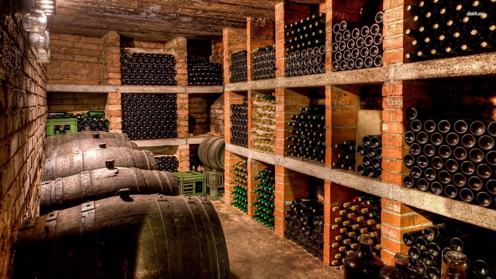 Cantina, Bottiglie di vino, Botti, Scaffali in mattoni, Full HD, sfondo per PC e portatile